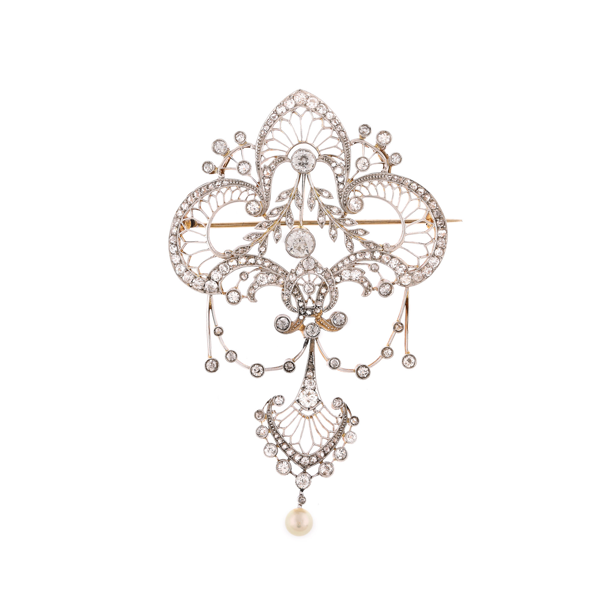 Broșă Belle Époque din aur și platină, decorată cu diamante și perlă