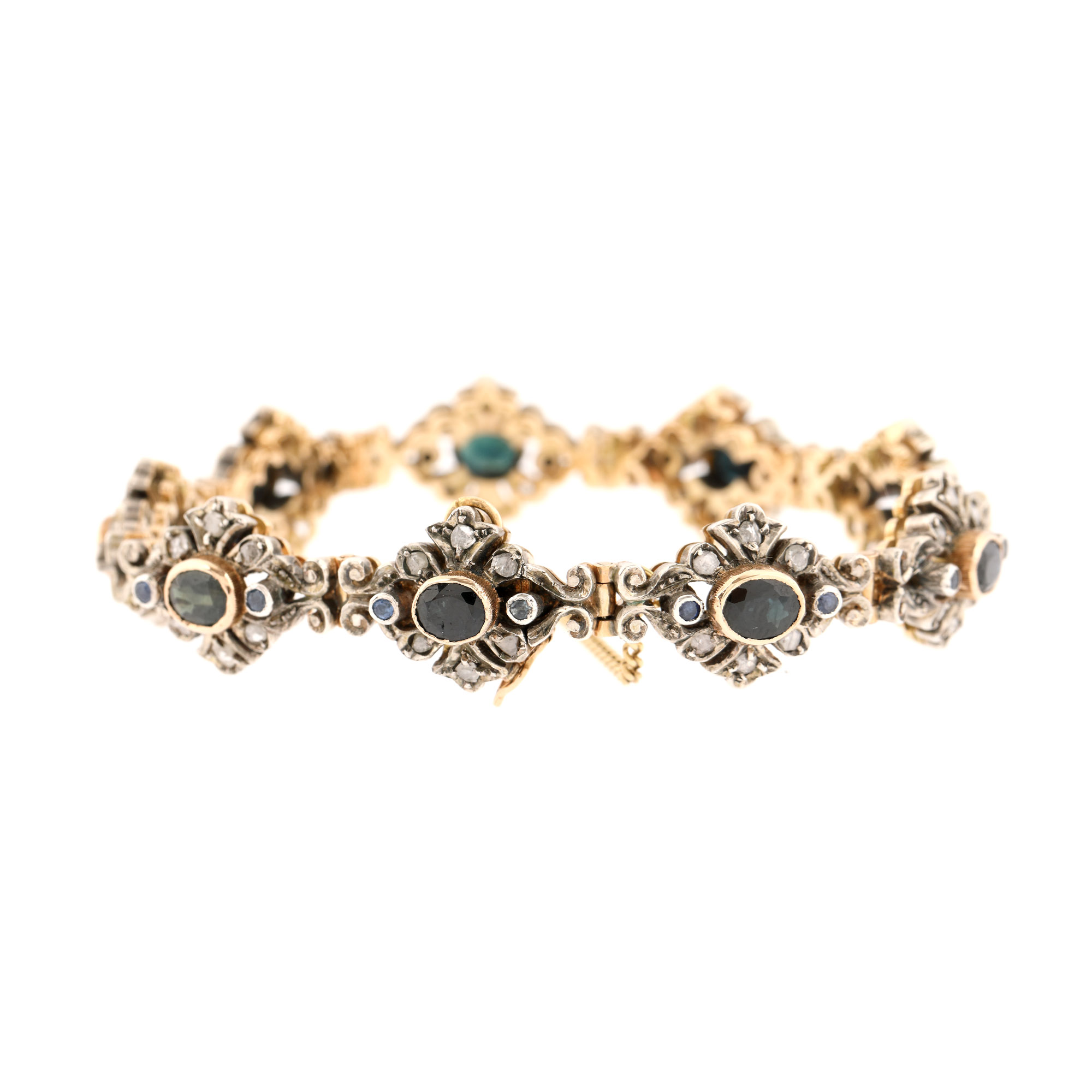 Brățară vintage din aur și argint, decorată cu safire și diamante
