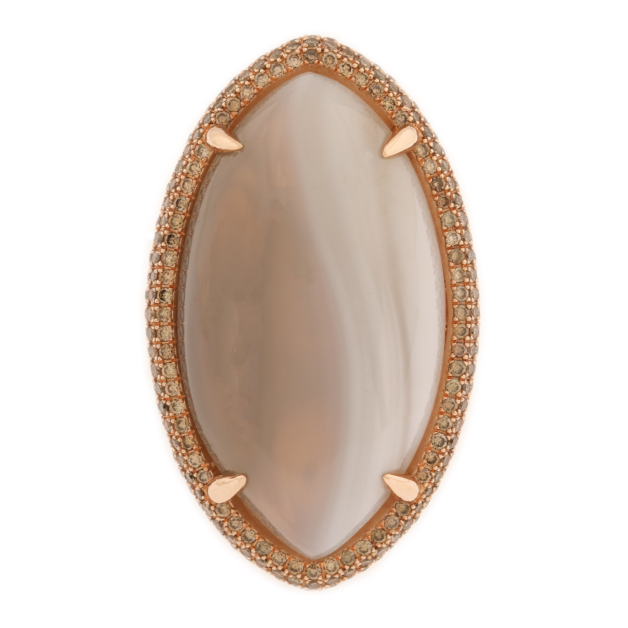 Ring, rose gold, decorated with white-grey agate, surrounded by diamonds