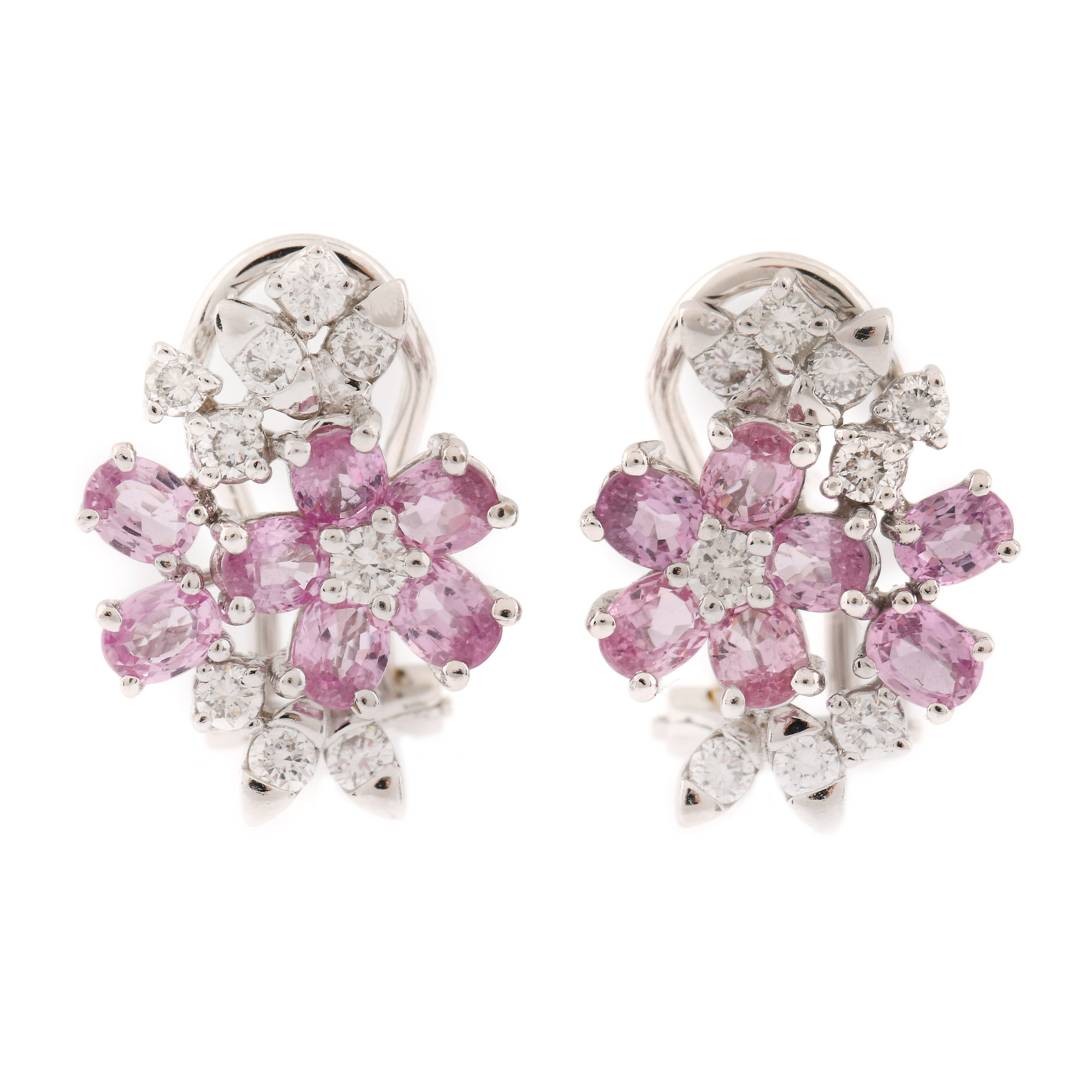 Pair of earrings, white gold, decorated with pink sapphires and diamonds