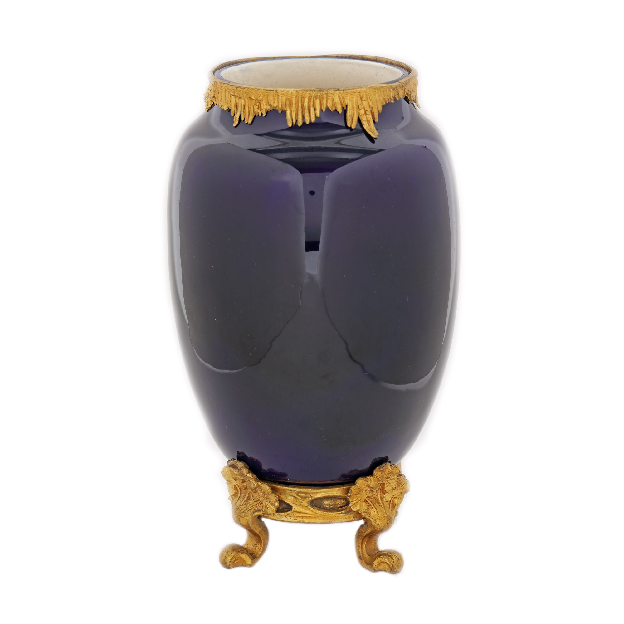 Vas Choisy le Roi din porțelan cobalt, cu montură din bronz aurit în manieră Louis Majorelle, cca. 1900