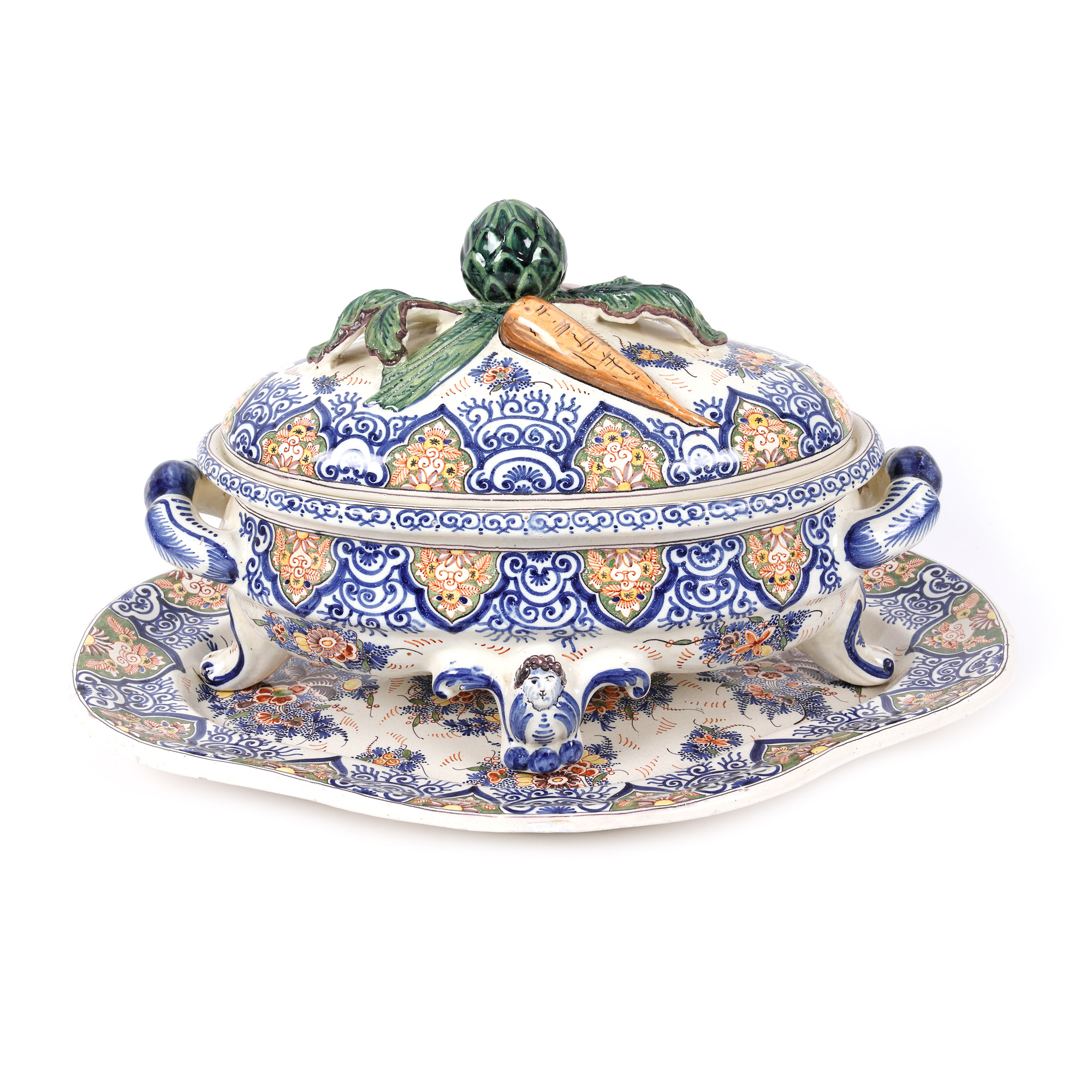 Delft set consisting of vegetable pot and plate, painted ceramic, Johannes van Duijn manufacture, approx. 1764-1773