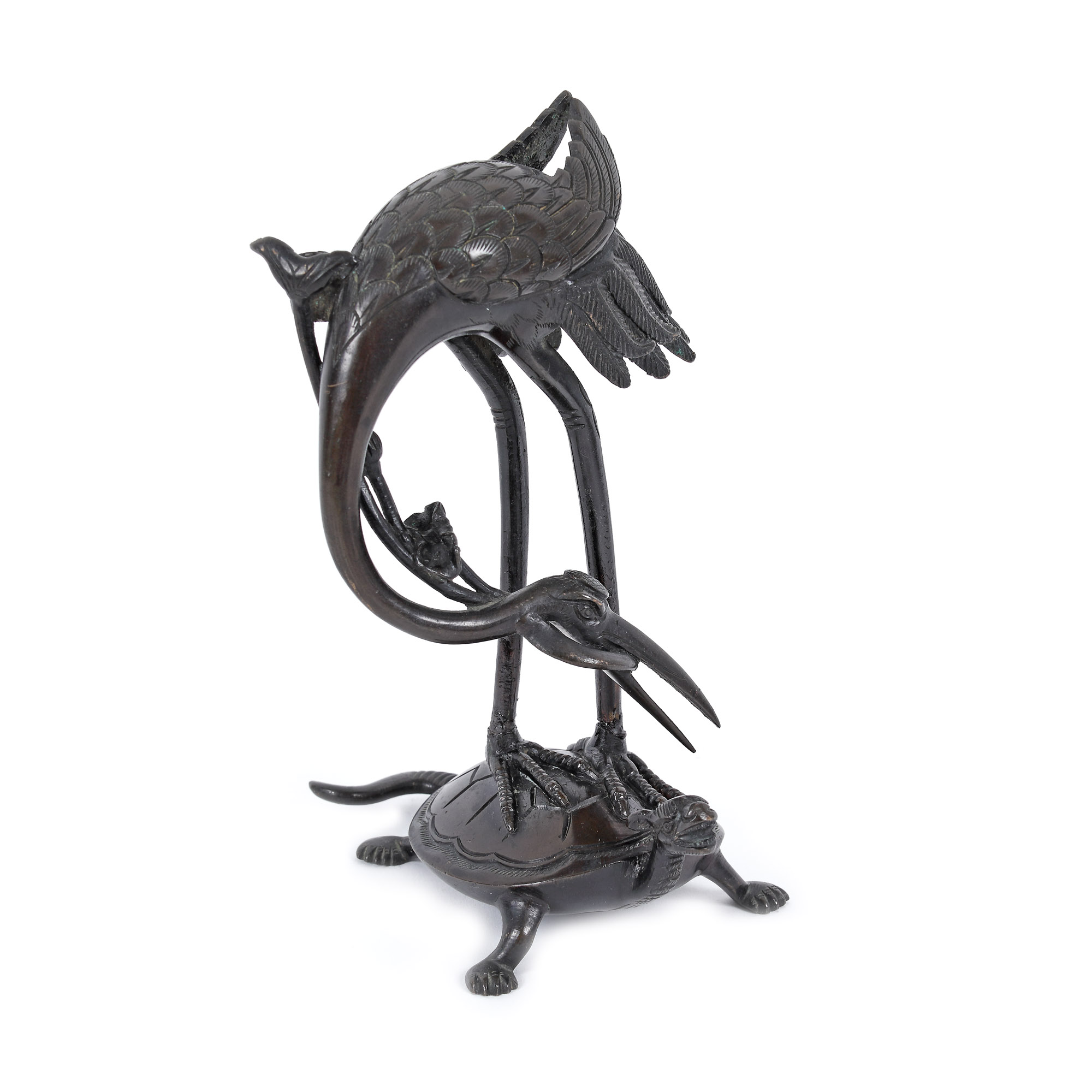 Piesă decorativă în stil japonizant, inspirată după fabula ”The Tortoise and the Birds”, din bronz patinat, sec. XIX