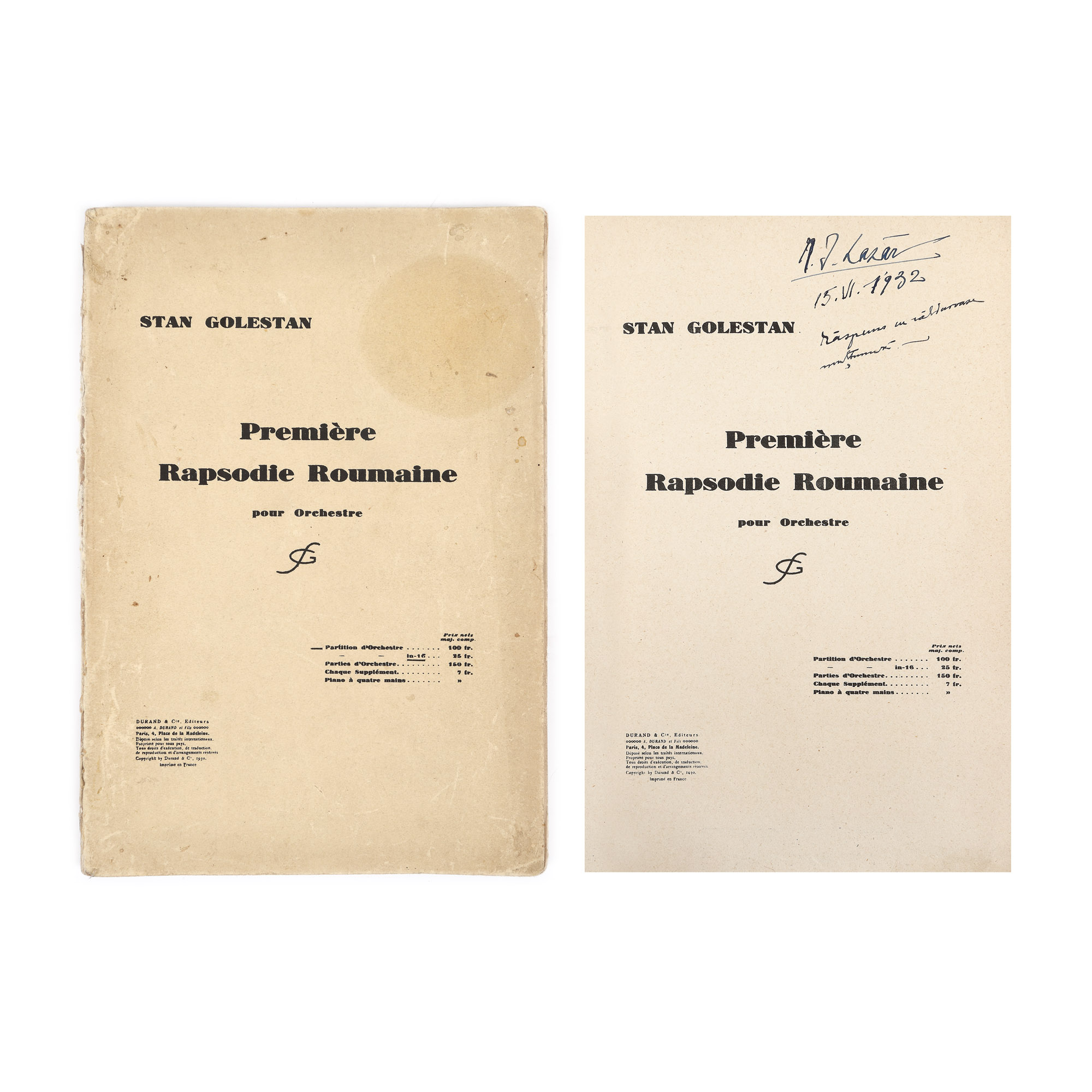 Score, "Prima rapsodie românească", by Stan Golestan, Paris, 1930, with the author's dedication to N.I. Lazăr