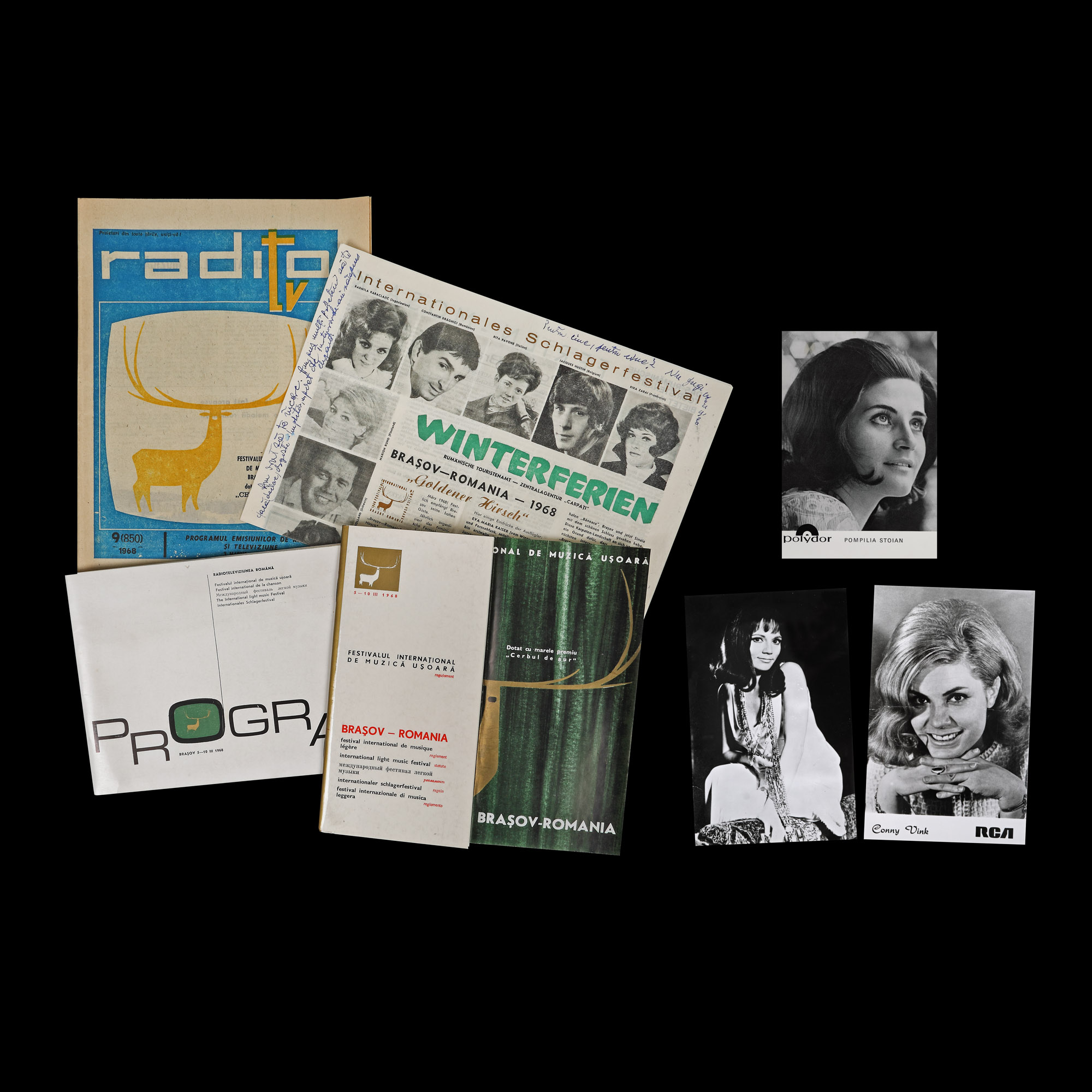 Three photographs illustrating Conny Vink, Pompilia Stoian and Therese Steinmetz, with autographs, the program of the first edition of the "Cerbul de Aur" festival, the program of radio and television shows during the festival, the regulations and a newspaper promoting the festival, 1968, part of the collection of the composer Aurel Giroveanu
