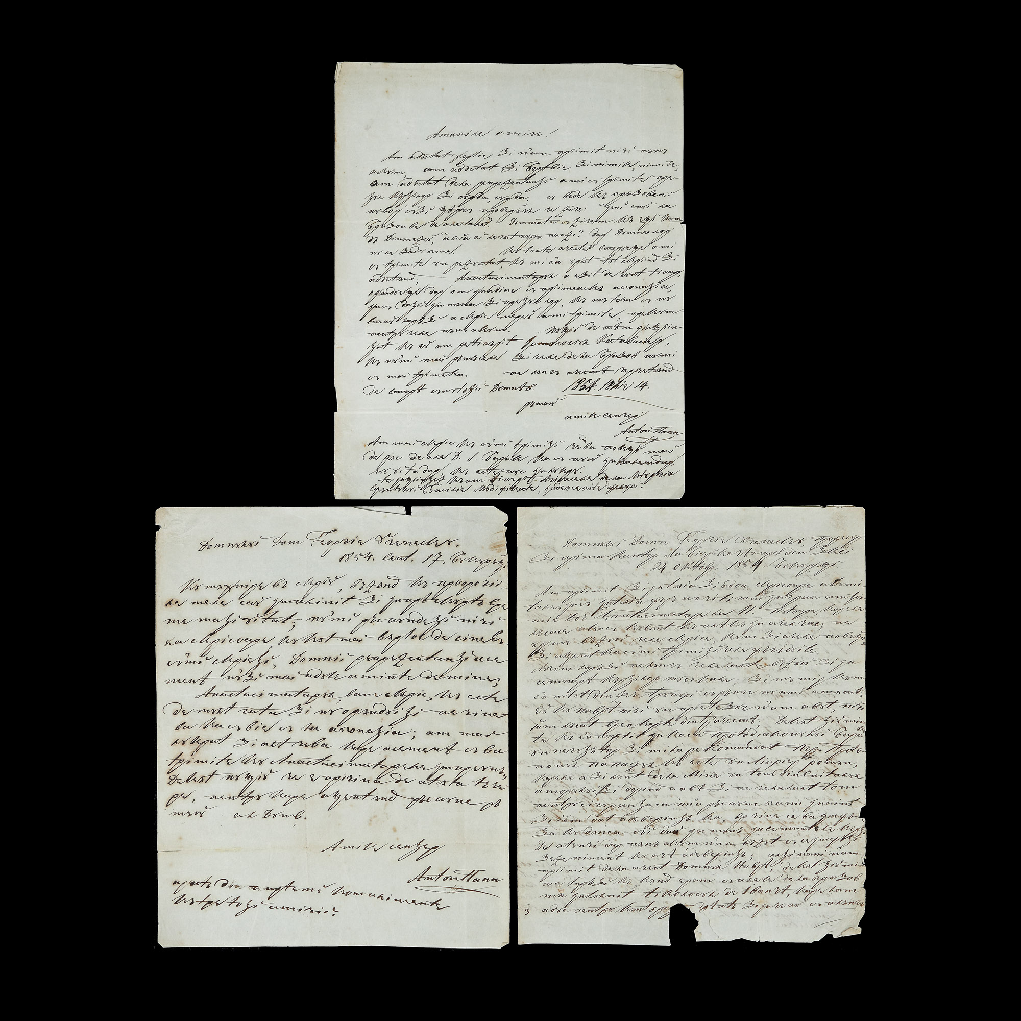 Lot format din trei scrisori trimise de Anton Pann către muzicianul Gheorghe Ucenescu, Brașov, 1854, cu semnătura olografă a poetului, raritate extremă (6 file)