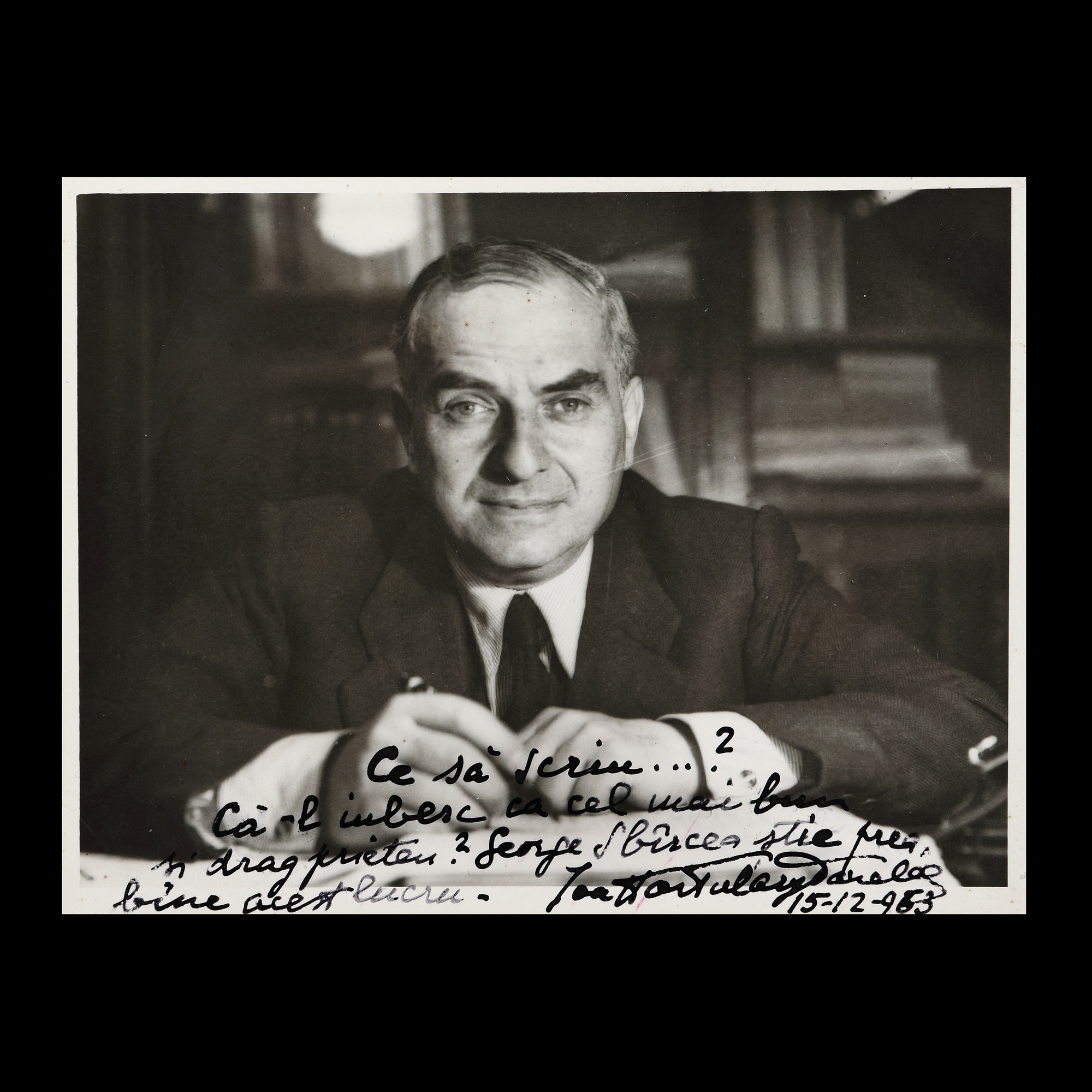 Composer Ion Hartulari-Darclée - photograph, December 15, 1963, with the dedication and autograph of the conductor to the composer George Sbârcea