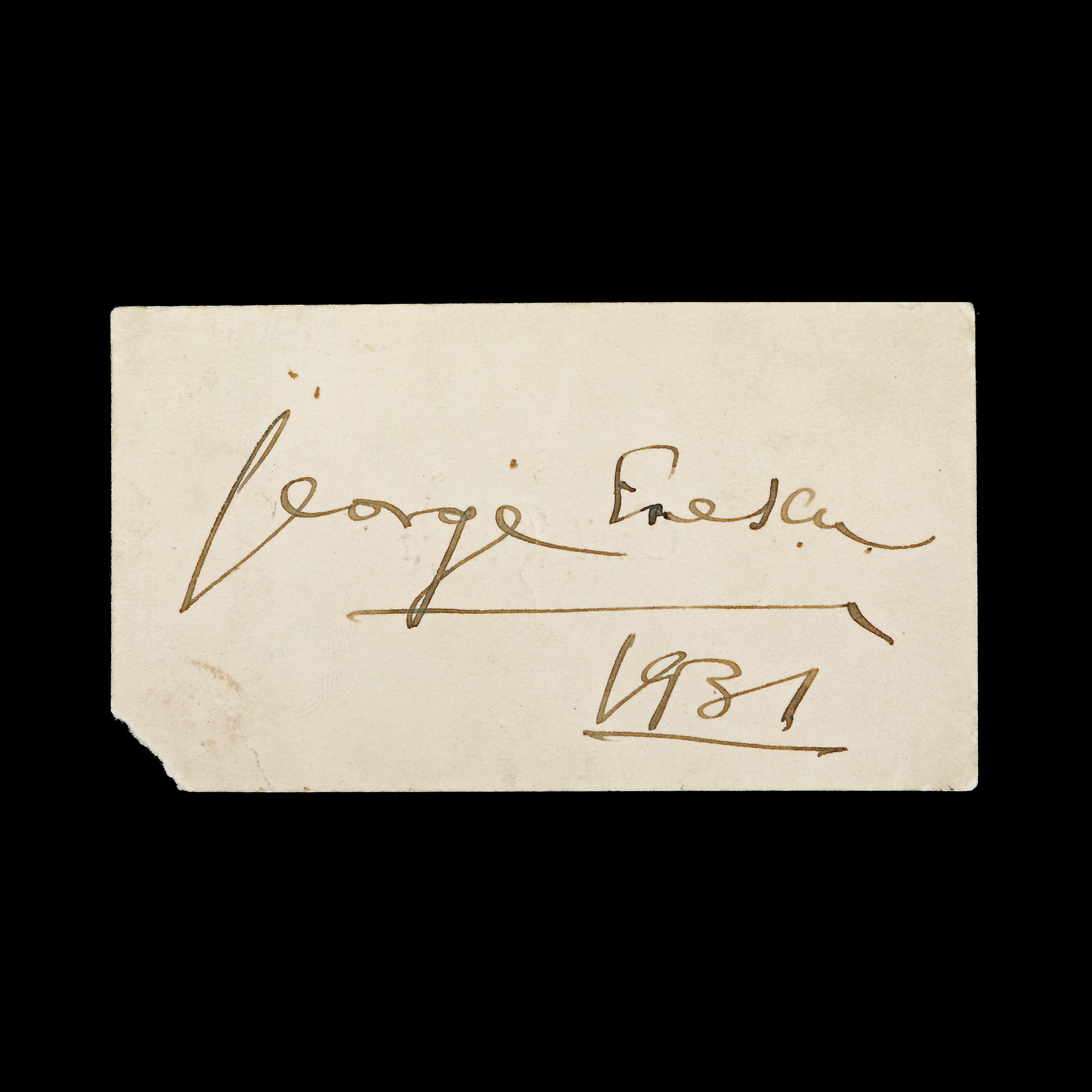 Business card of the deputy in the Great National Assembly in Alba Iulia, Emil Bologa, with George Enescu's autograph, 1931