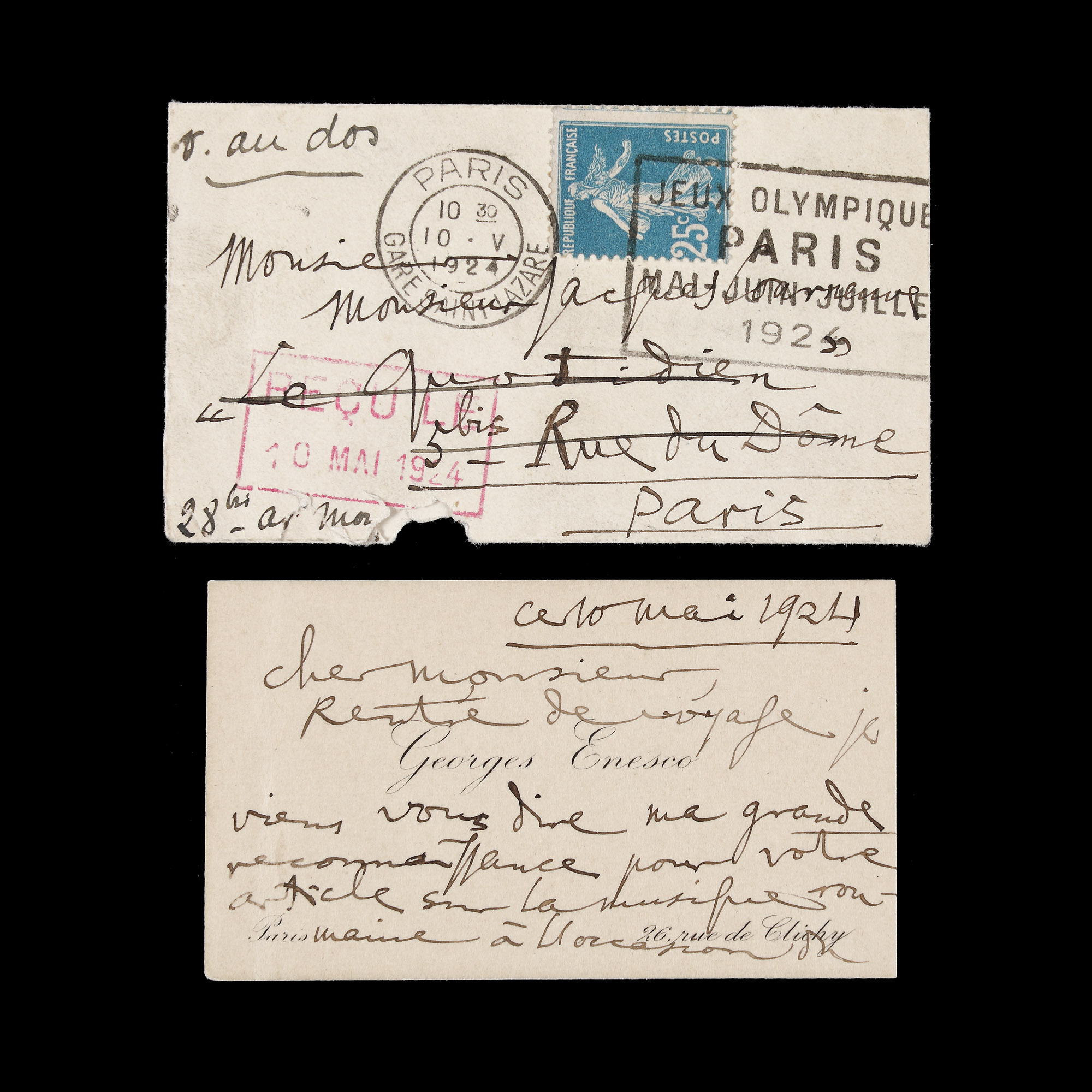 Business card of the composer George Enescu, with handwritten notes addressed to the critic Robert Brussel, May 10, 1924, with autograph and original envelope