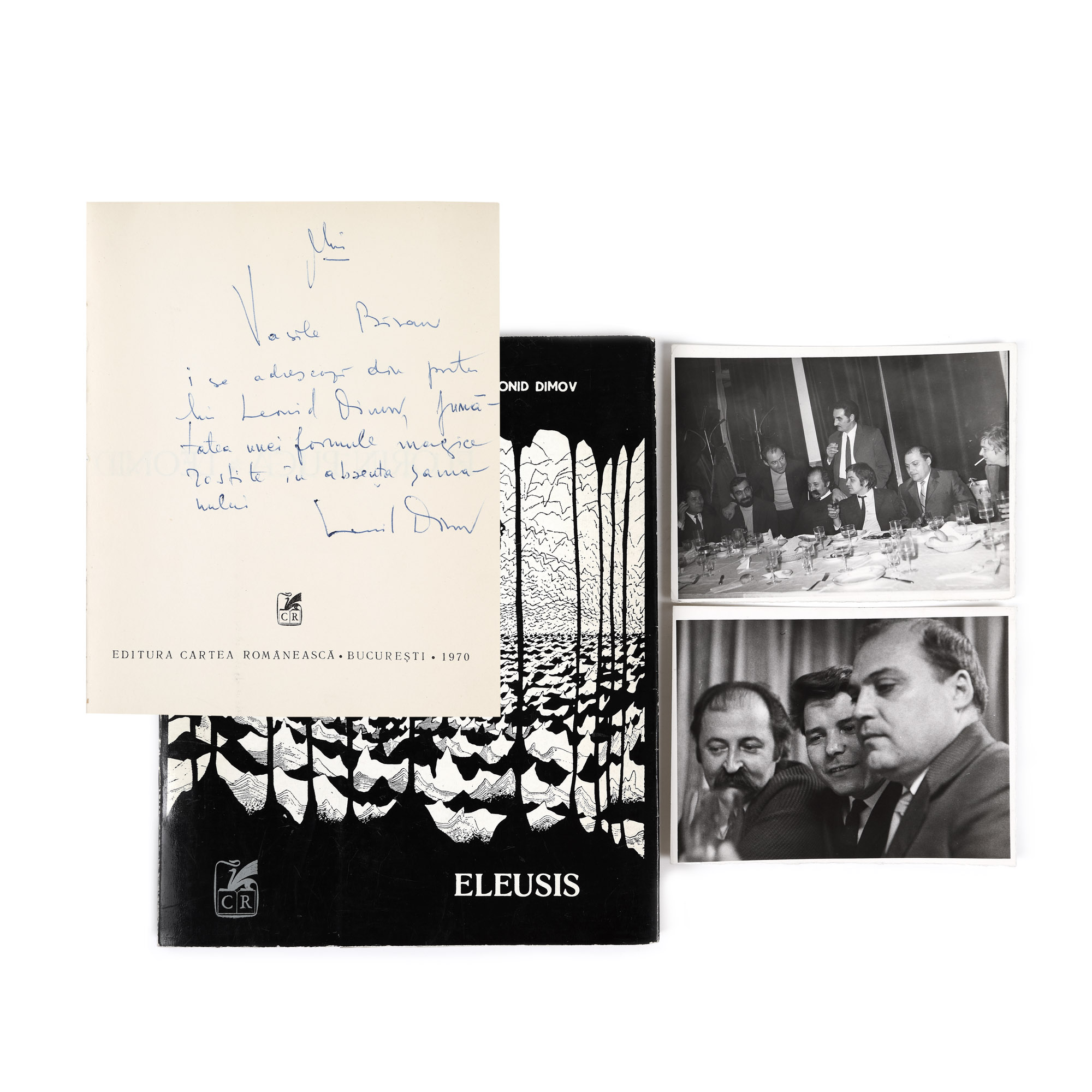 Two photographs illustrating Leonid Dimov and "Eleusis", by Leonid Dimov, Bucharest, 1970, with the poet's dedication to the writer Vasile Băran