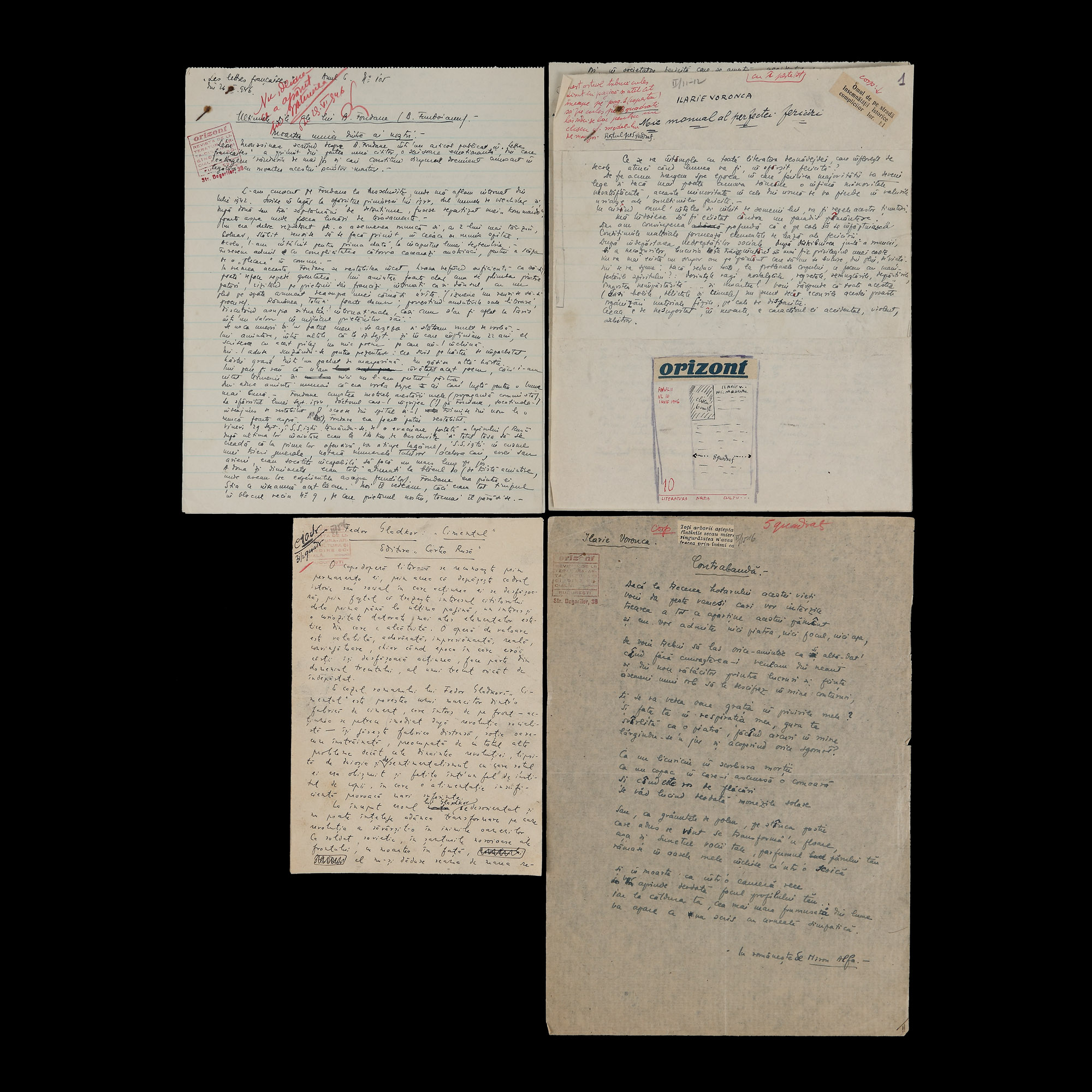 Four manuscripts - "Ultimele zile ale lui B. Fondane", "Mic manual al perfectei fericiri - Ilarie Voronca", "Fedor Gladkor: Cimentul" and "Contrabandă - Ilarie Voronca", transcribed by Miron Alfa, approx. 1946, with autograph (7 sheets)