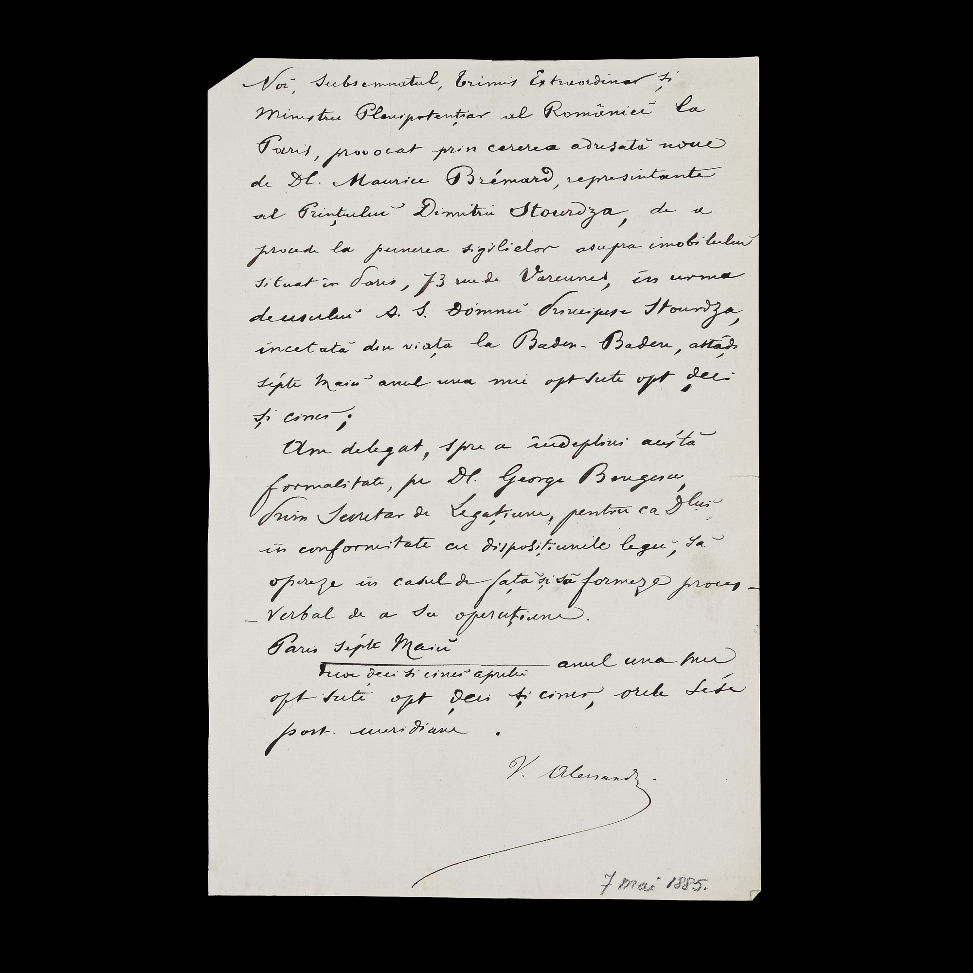 Împuternicire dată de Vasile Alecsandri, ambasador al României la Paris, cu ocazia decesului Principelui Mihail Sturdza, 1885, cu semnătura olografă a poetului (1 filă)