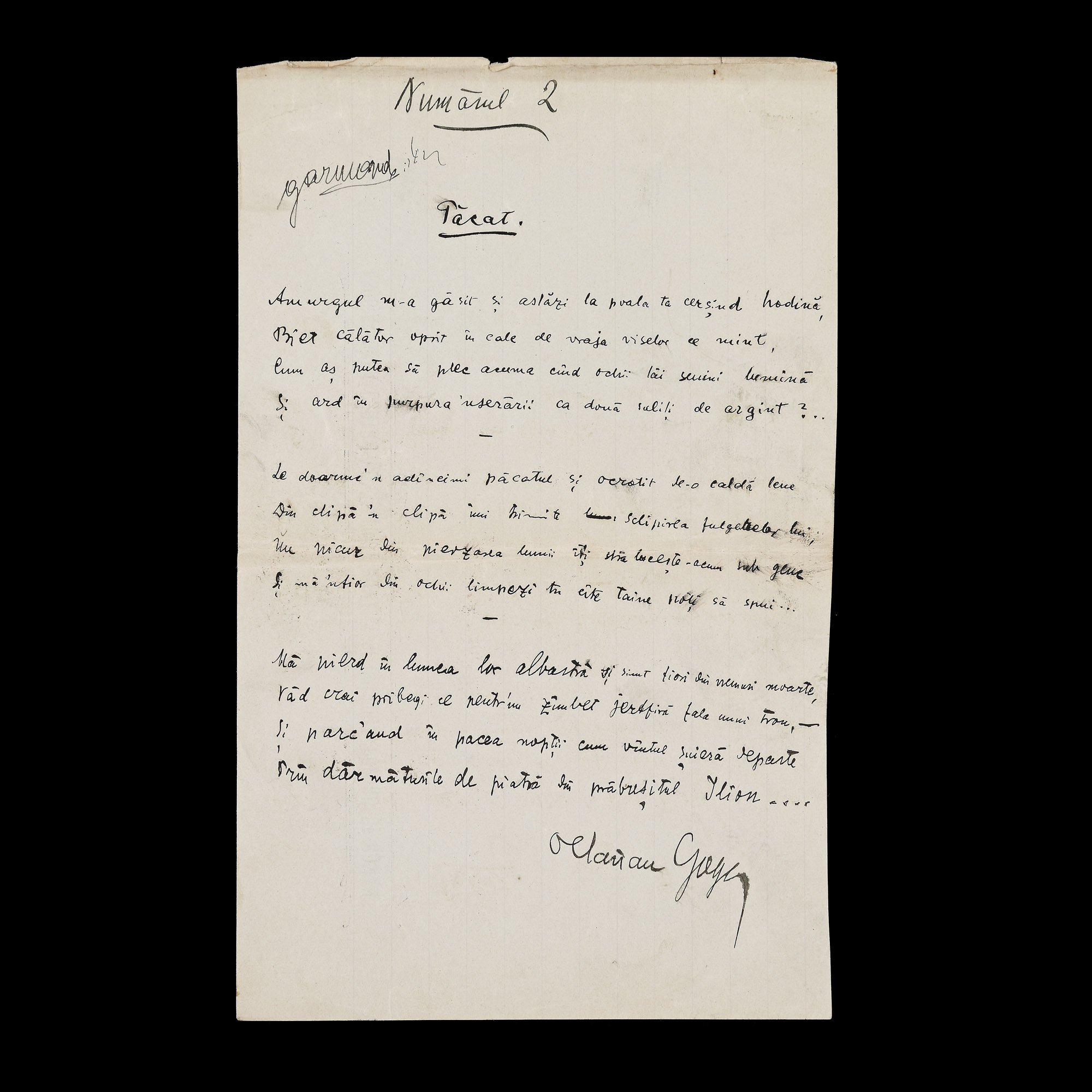 Manuscript of the poem "Sin", by Octavian Goga, [1913], with autograph (1 sheet)