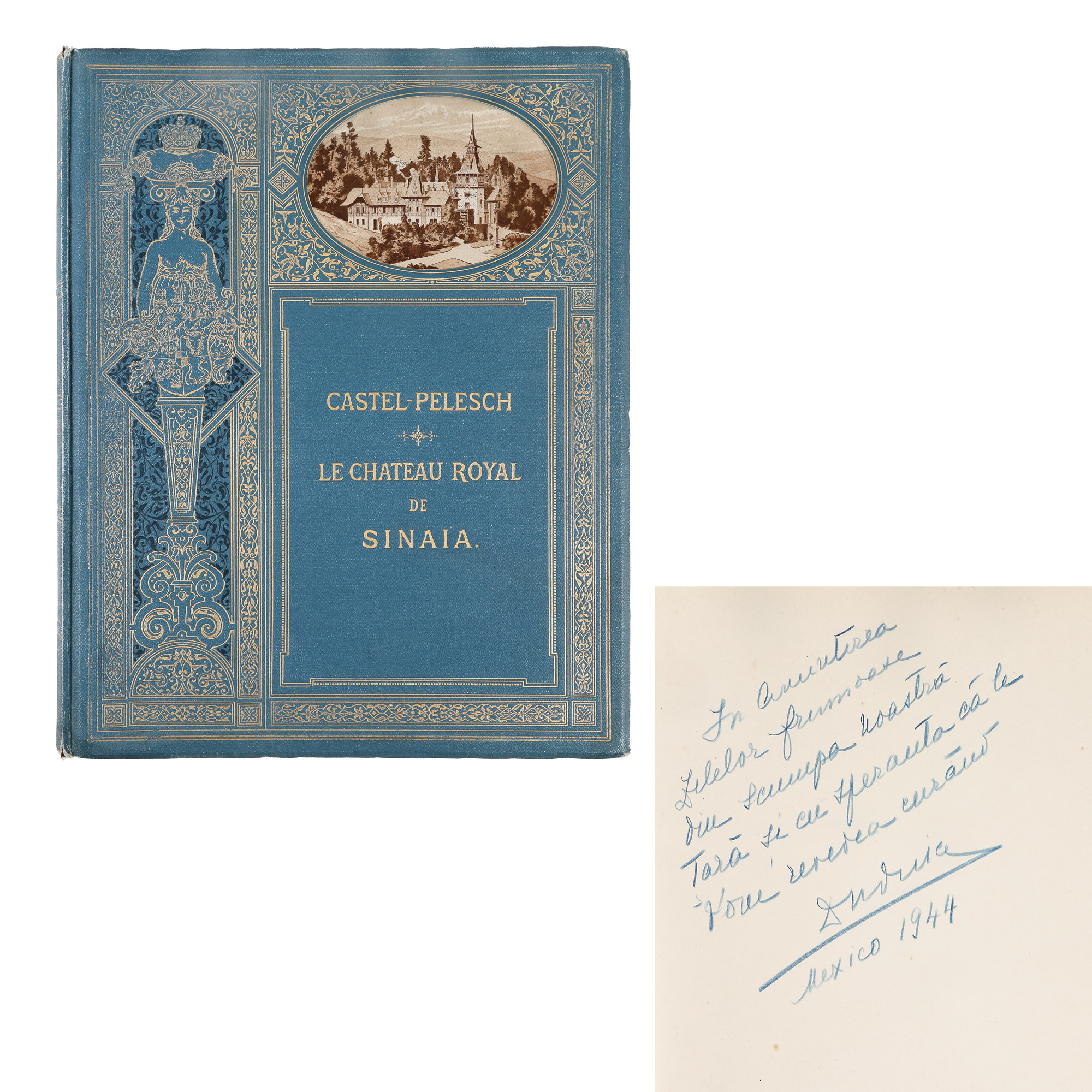 "Castelul Peleș", by Leo Bachelin, the librarian and curator of King Carol I, Paris, 1893, with the dedication and autograph of Elena Lupescu, 27 etchings and 38 original engravings and 2 letters sent by Elena Lupescu to a friend, approx. 1930, with autograph (2 sheets)