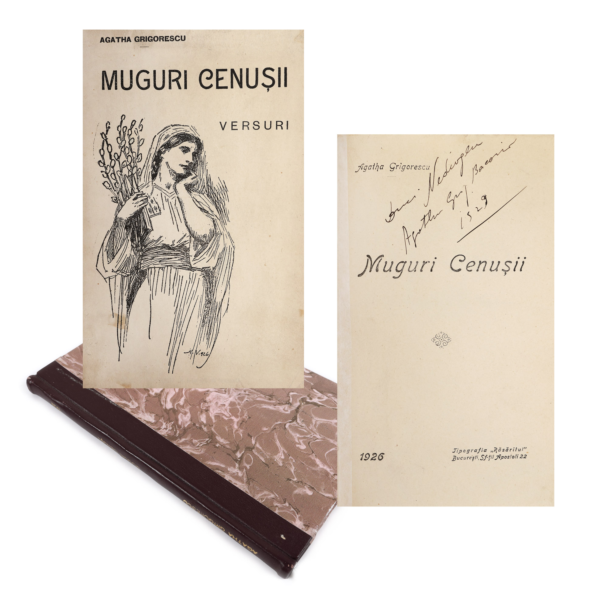 ”Muguri cenușii”, de Aghata Grigorescu (Bacovia), București, 1926, cu dedicația și semnătura olografă a autoarei
