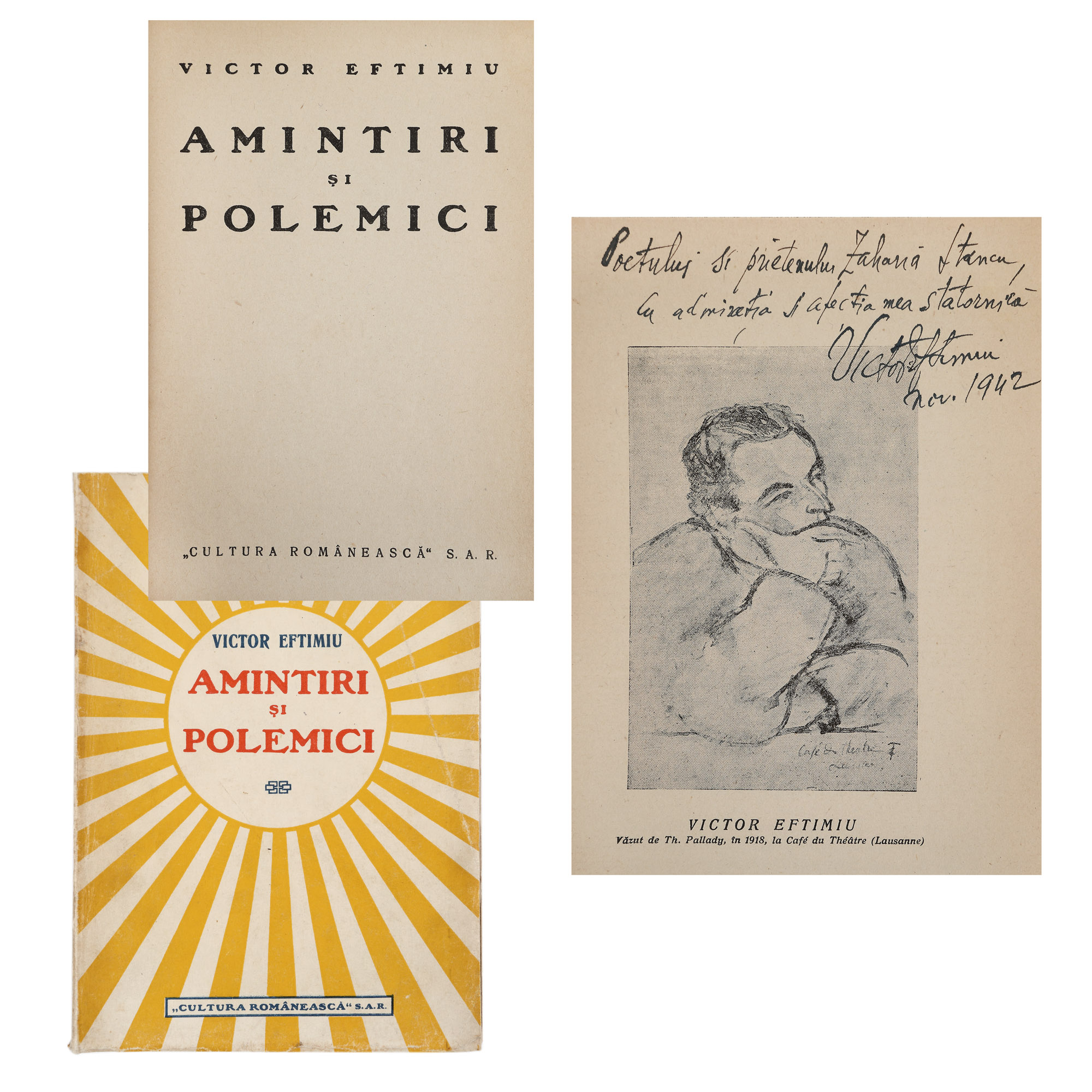 "Amintiri și polemici", by Victor Eftimiu, Bucharest, 1942, with the author's dedication and autograph to Zaharia Stancu, part of the collection of the writer Zaharia Stancu
