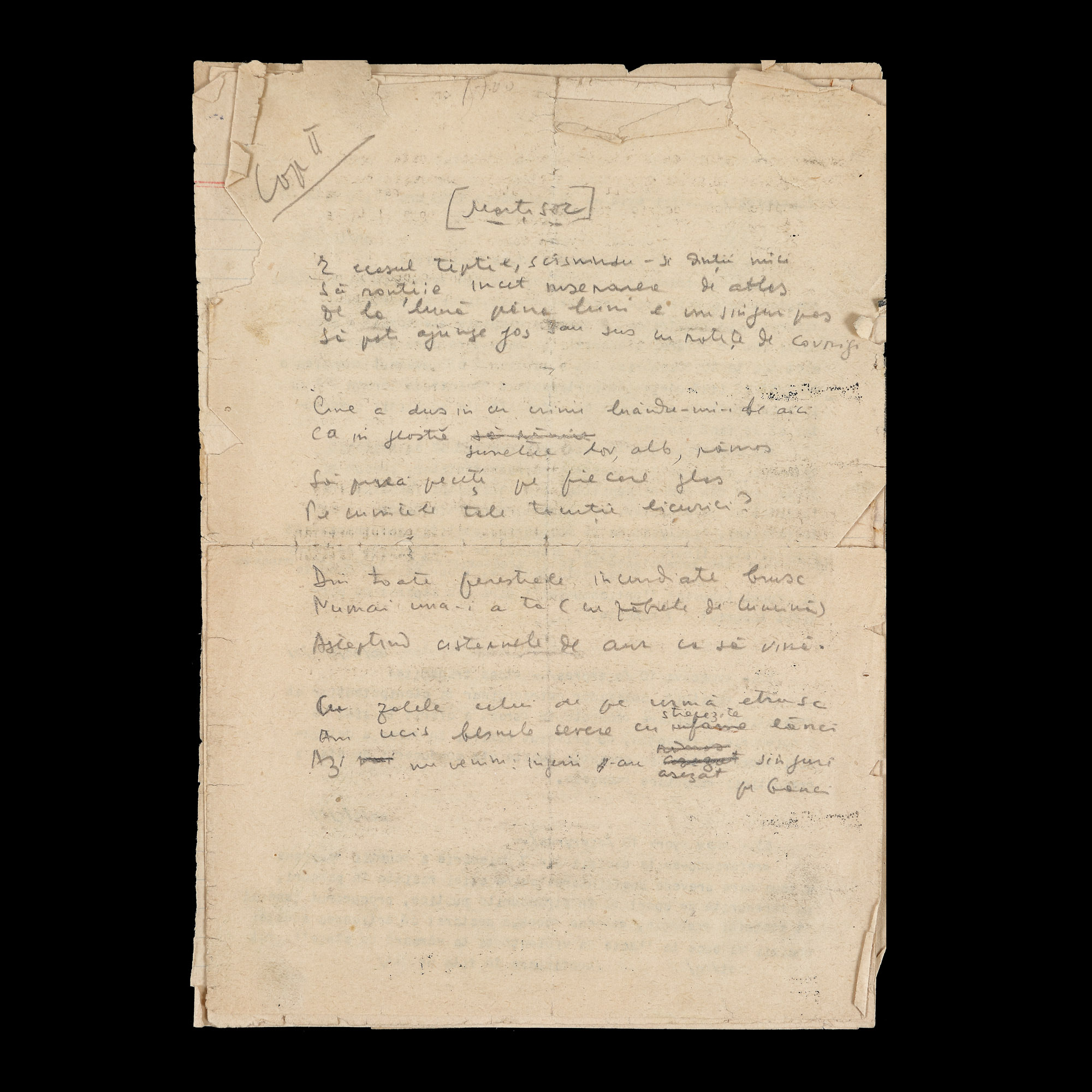 Three manuscripts of surrealist poems "Mărțisor", "Barcarolă" and "Corolă", by Stephan Roll, 1955-1962, part of the collection of the Stephan Roll and Medi Dinu family (5 sheets)