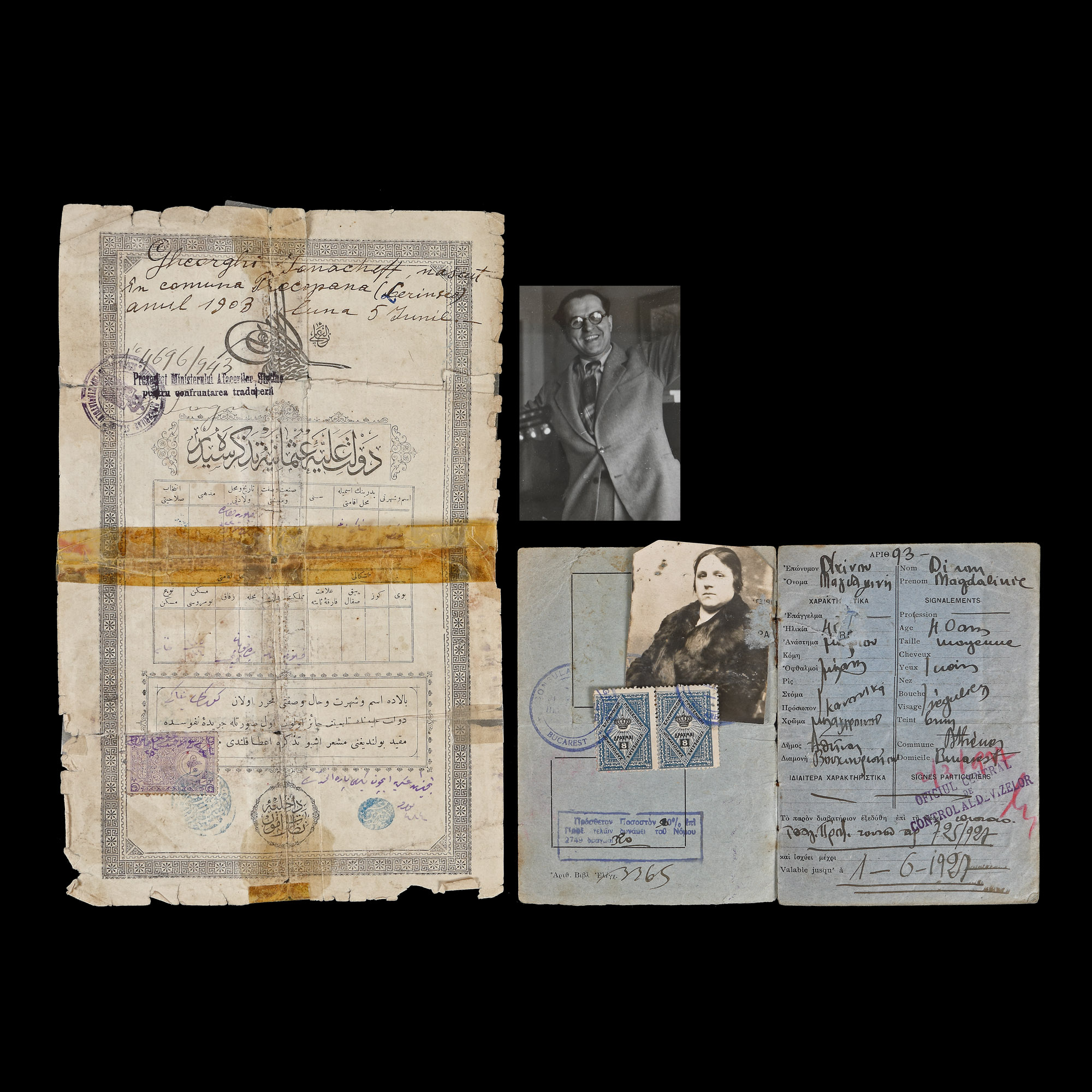 The birth certificate of the poet Stephan Roll issued by the Ottoman Empire and its translation, 1903, the passport of Magdalena Dinu (the writer's mother), 1927, and a photograph illustrating Stephan Roll, part of the collection of the Stephan Roll and Medi Dinu family