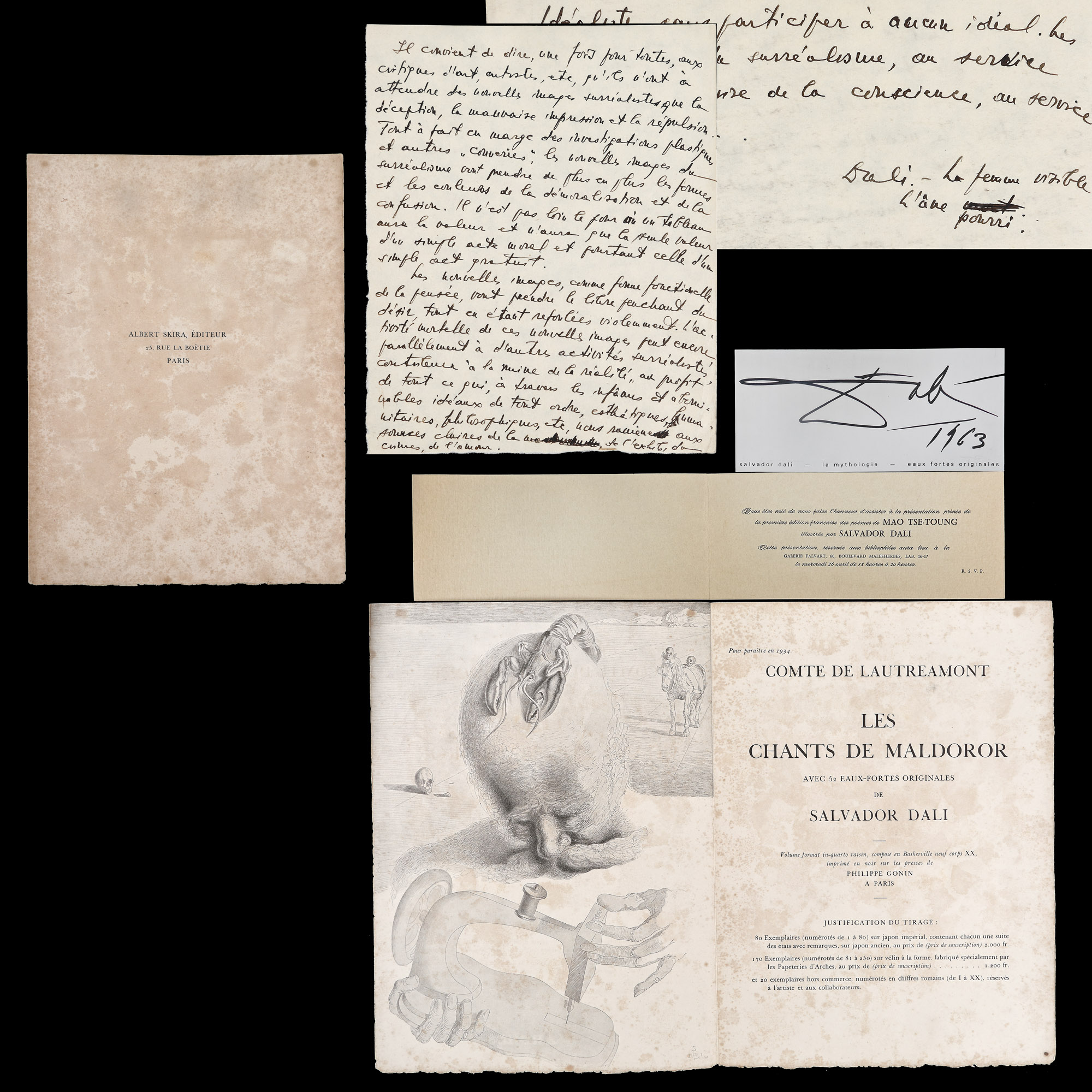 Three invitations to Salvador Dali exhibitions and a Salvador Dali manuscript on Surrealism hand signed, part of the collection of the Stephan Roll and Medi Dinu family