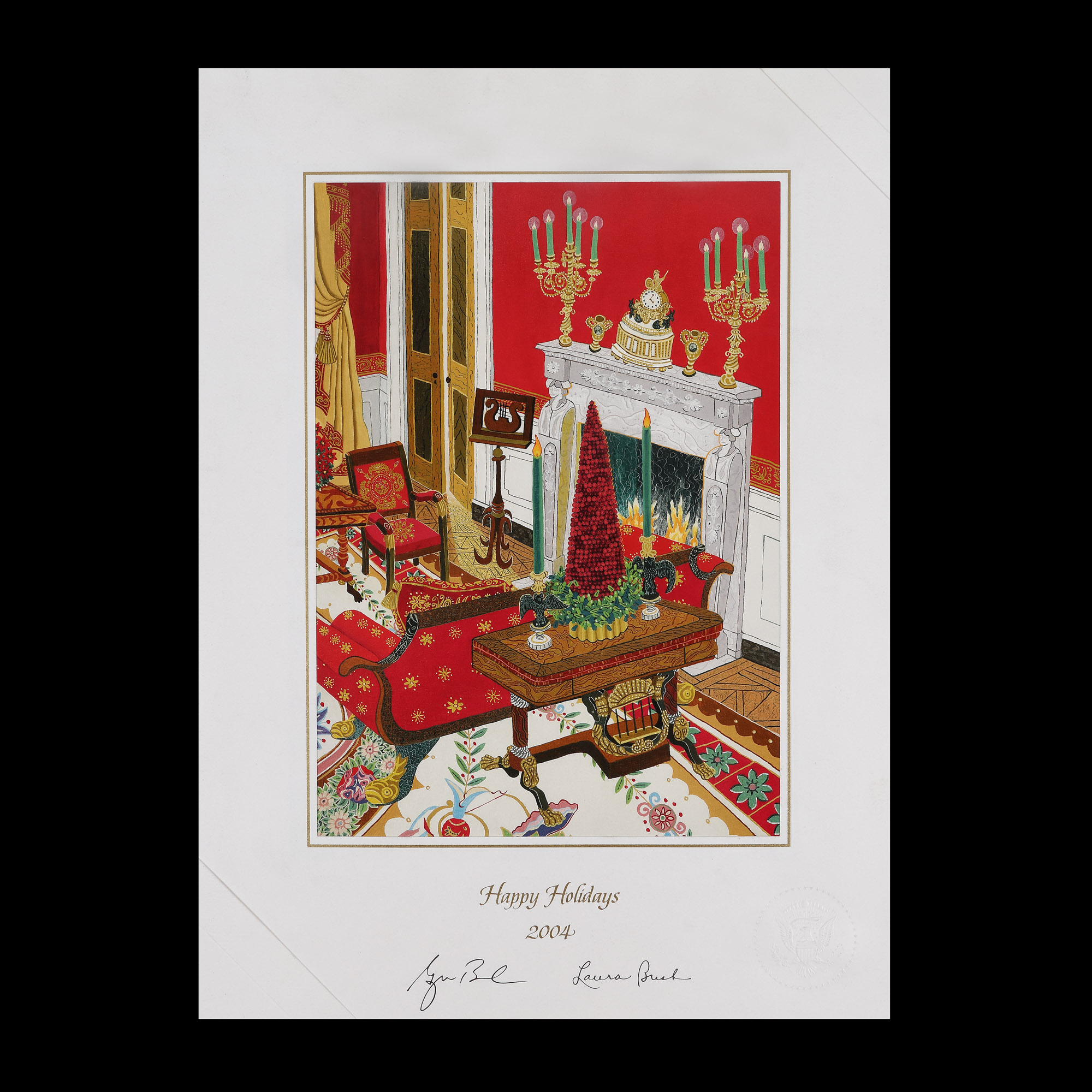 Felicitare cu ocazia sărbătorilor de iarnă, trimisă de soții George W. și Laura Bush, Casa Albă, 2004, cu semnătura olografă a soților