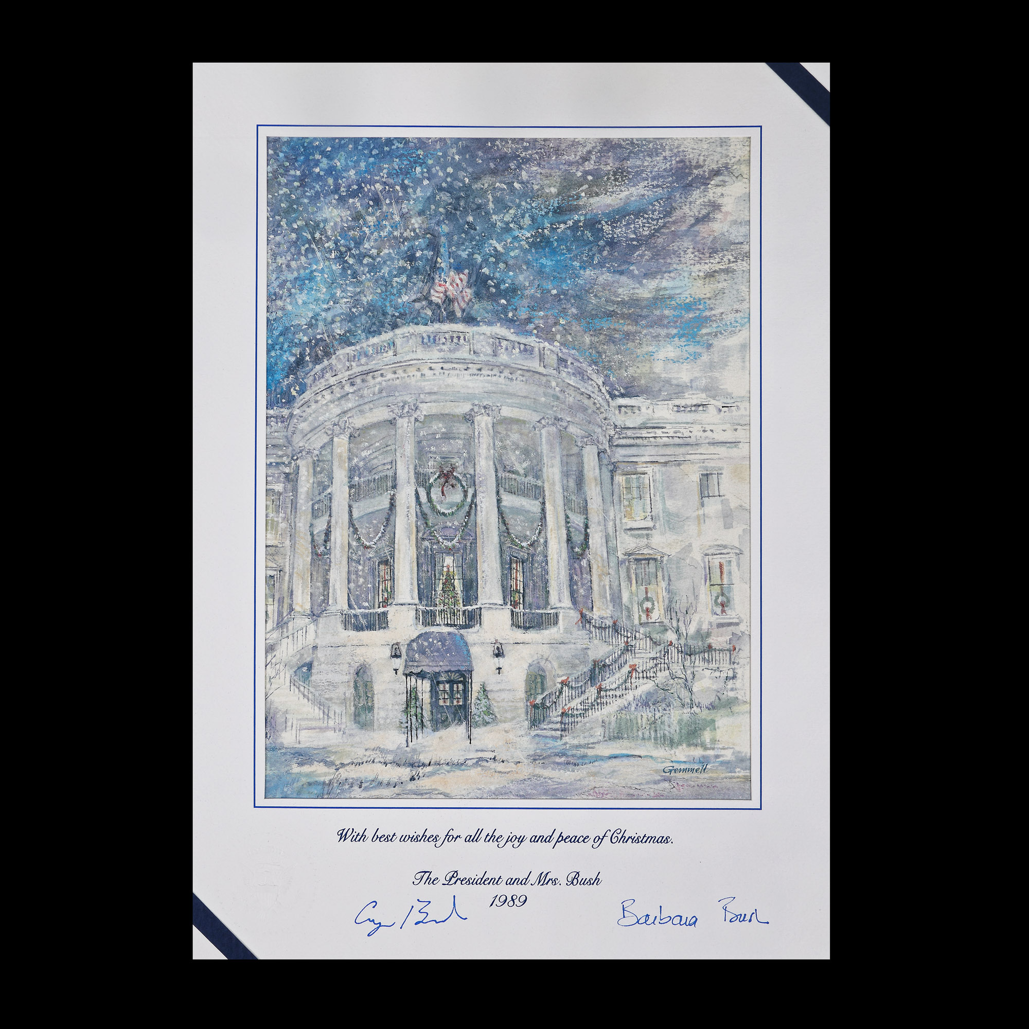 Christmas greeting card sent by George H.W. and Barbara Bush, White House, 1989, with autographs of the couple