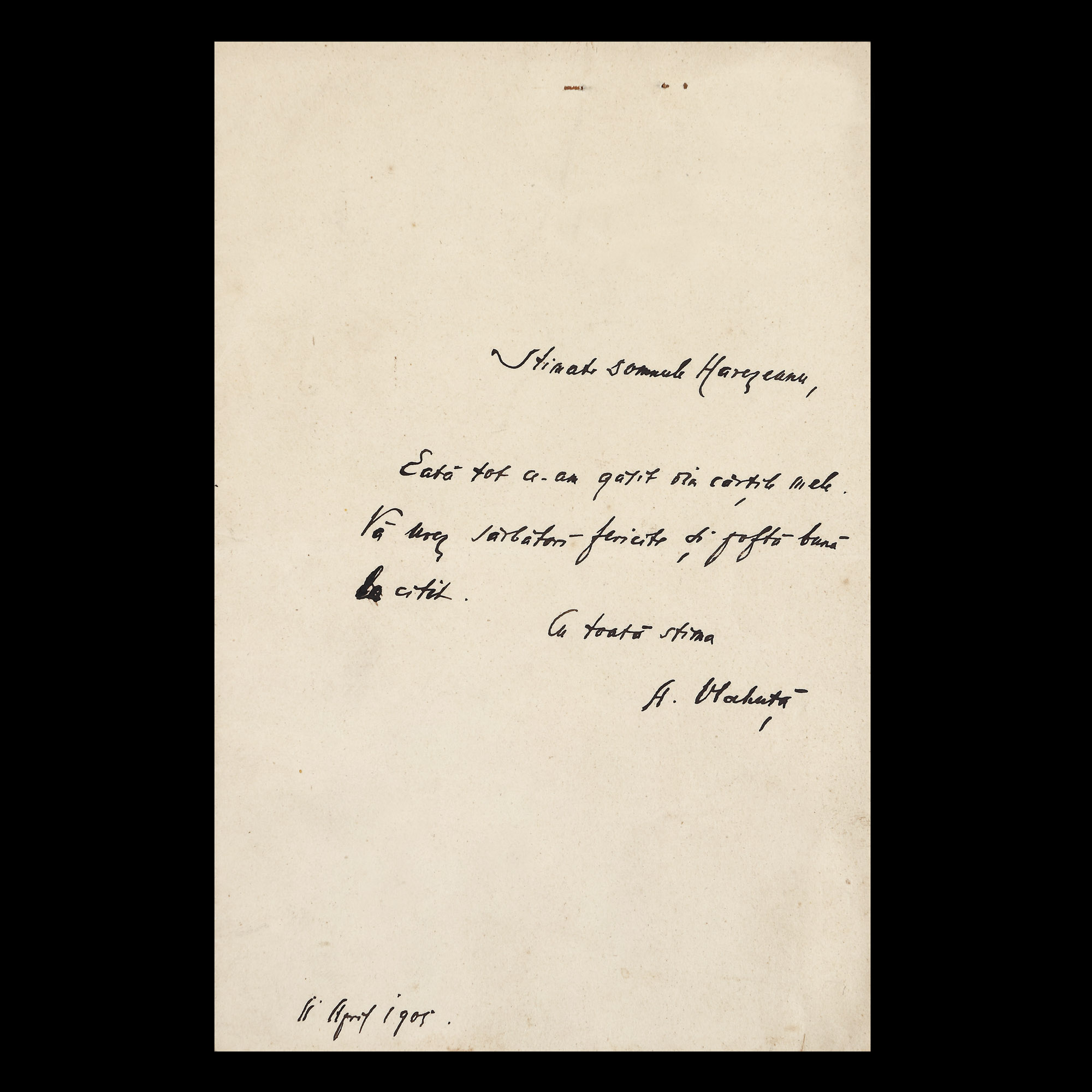 Letter sent by Alexandru Vlahuță, April 11, 1905 (1 sheet)