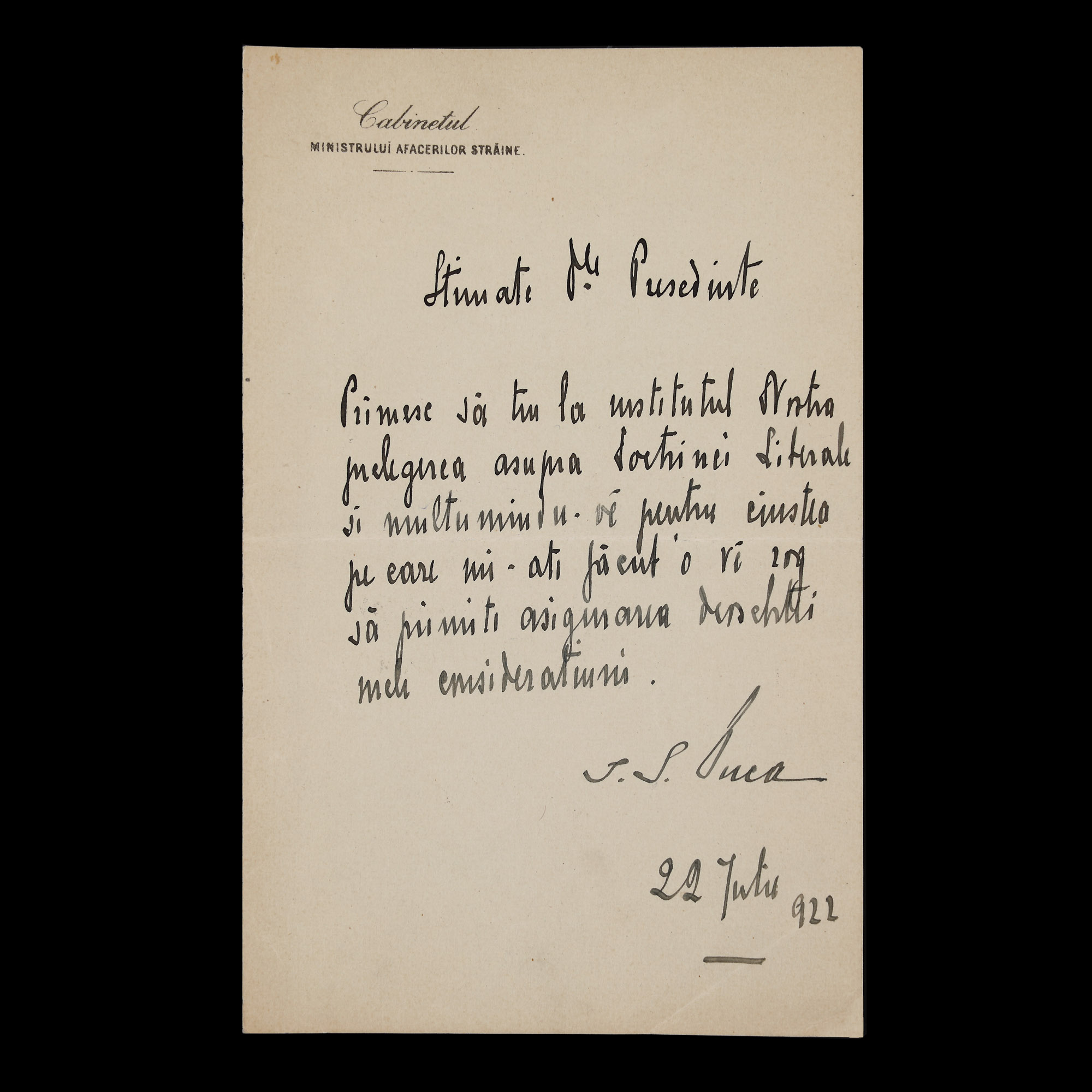 Holograph letter sent by Prime Minister I.G. Duca, July 22, 1922, during his foreign ministry (1 sheet) 