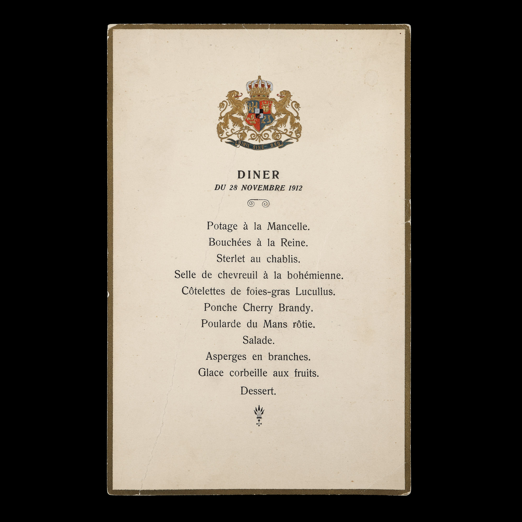 Dinner menu at the Royal Palace from November 28, 1912