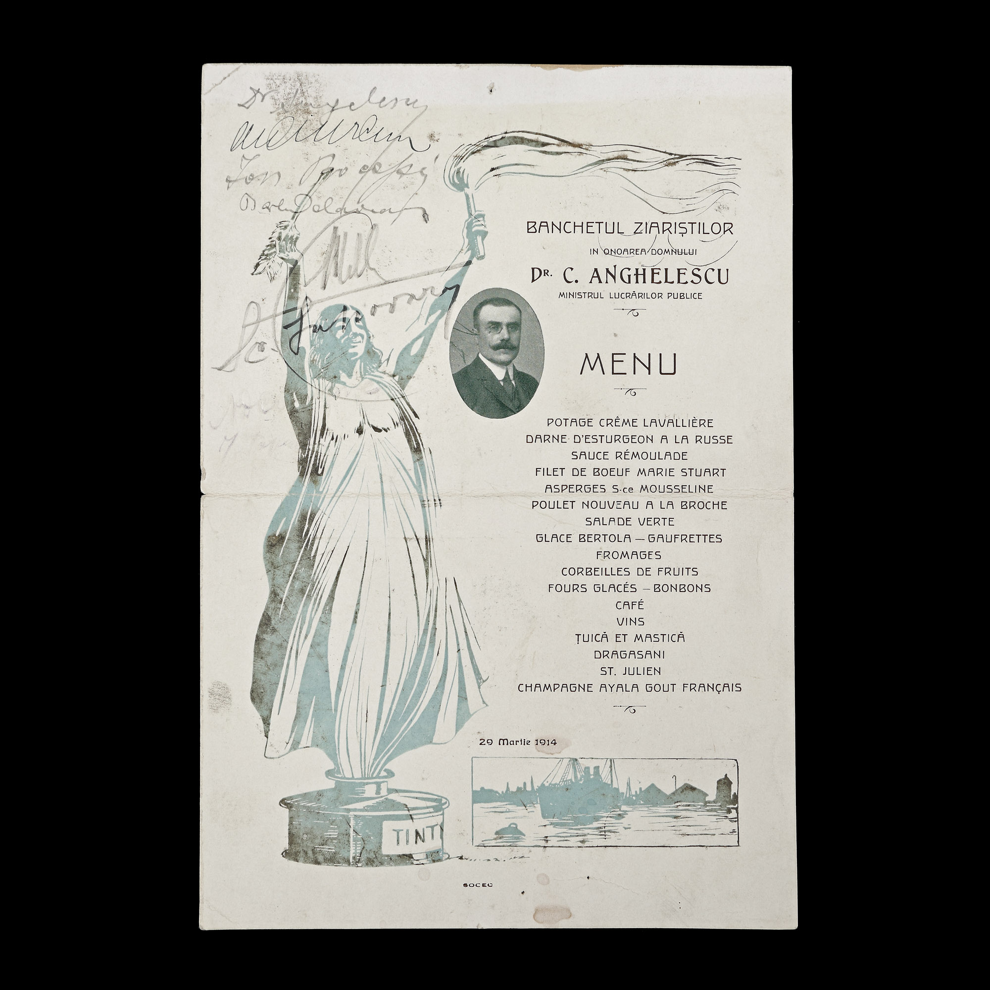 Meniul ”Banchetului ziariștilor” oferit în onoarea lui Constantin I. Angelescu, 29 martie 1914, cu semnăturile olografe ale Constantin I. Angelescu și Barbu Ștefănescu Delavrancea