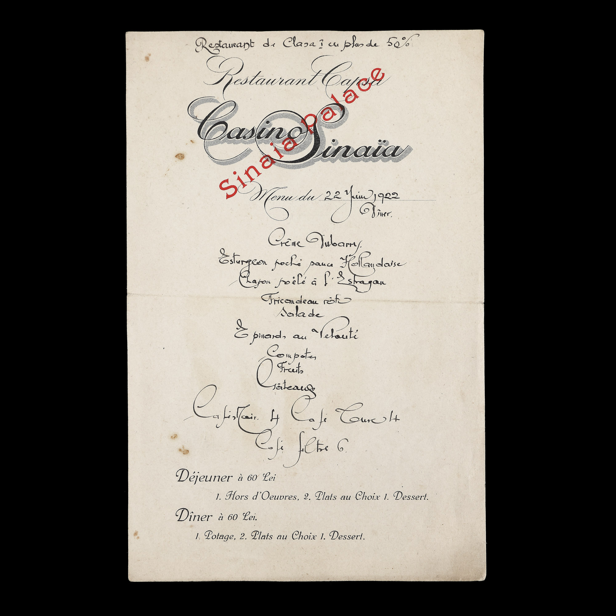 Meniu ”Restaurant Capșa - Casino Sinaia”, 22 iunie 1922