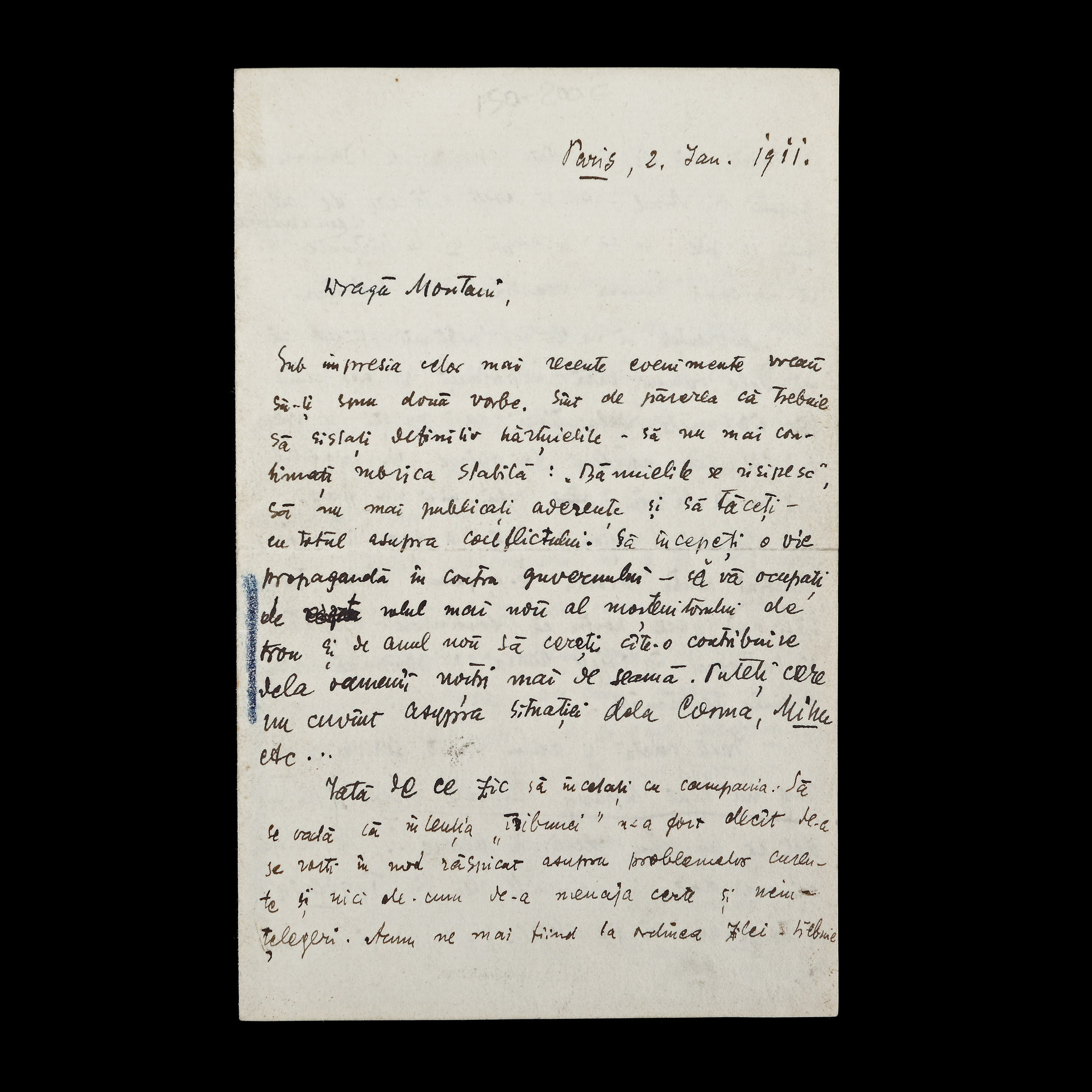 Friendly letter sent by Octavian Goga to Ion Montan, member of the Great National Assembly in Alba Iulia, about the direction which the newspaper "Tribuna" should take, Paris, January 2, 1911, with the autograph of the writer, rare collector's item (2 sheets)