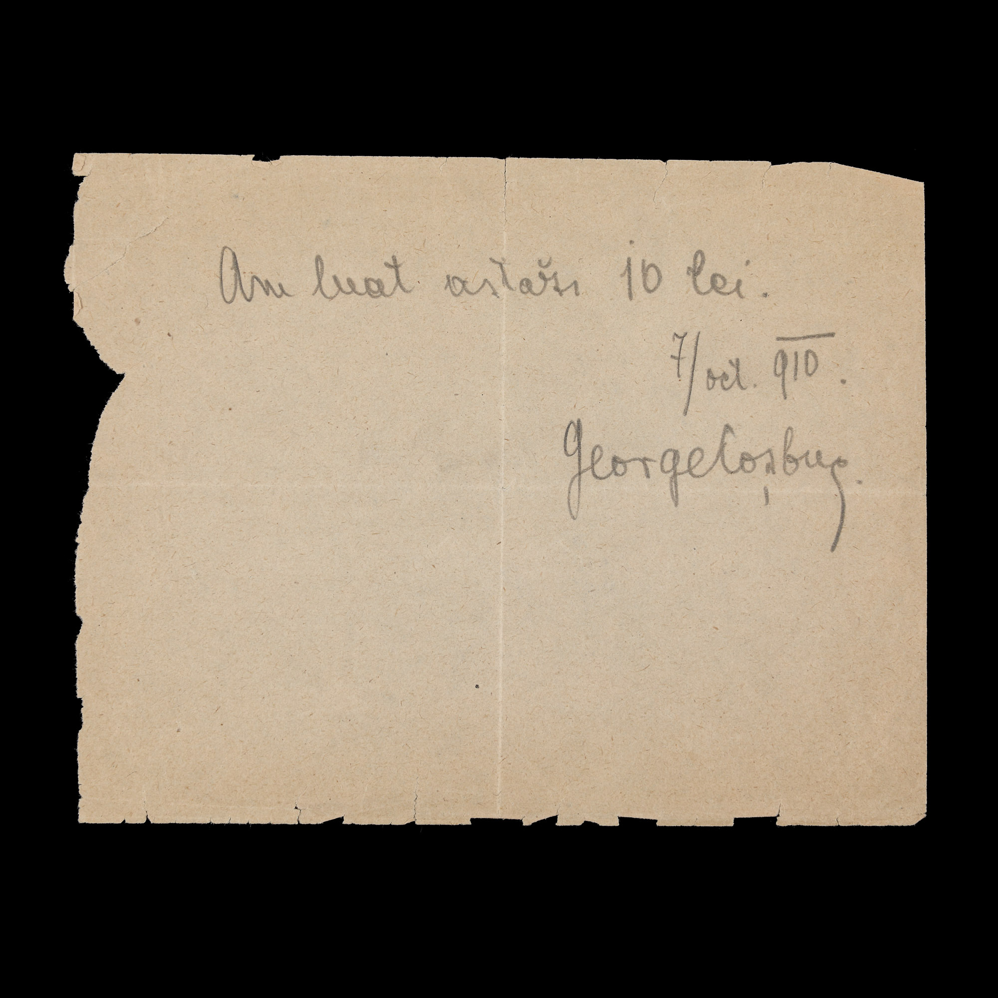 Handwritten note signed by George Coșbuc, October 7, 1910