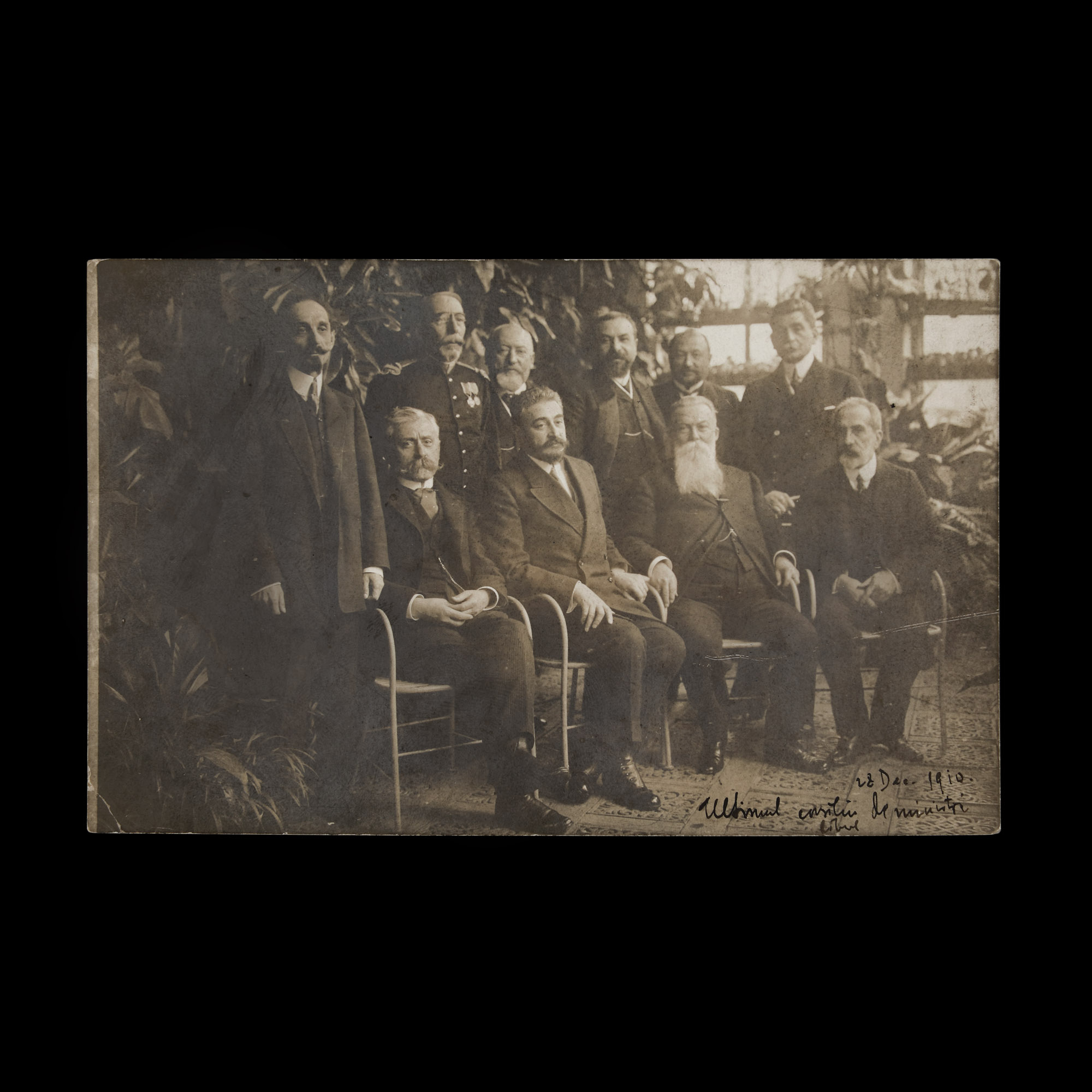 Postcard illustrating the "last Liberal Council of Ministers" of the Ion I.C. Brătianu government (4 March 1909 - 28 December 1910), with Spiru Haret as Minister of Religious Affairs and Public Instruction, hand signed by him, rare collector's item