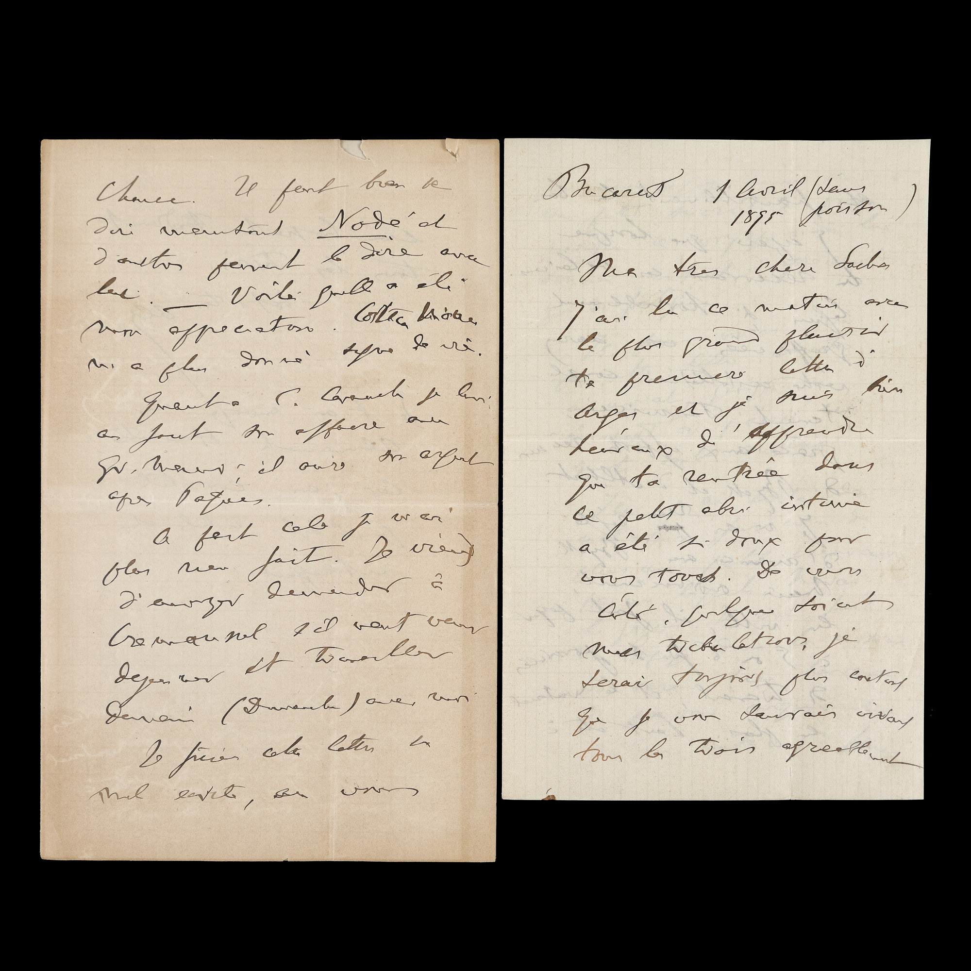 Letter sent by Alexandru Odobescu to his wife, French, Bucharest, April 1, 1895, with autograph (3 sheets)