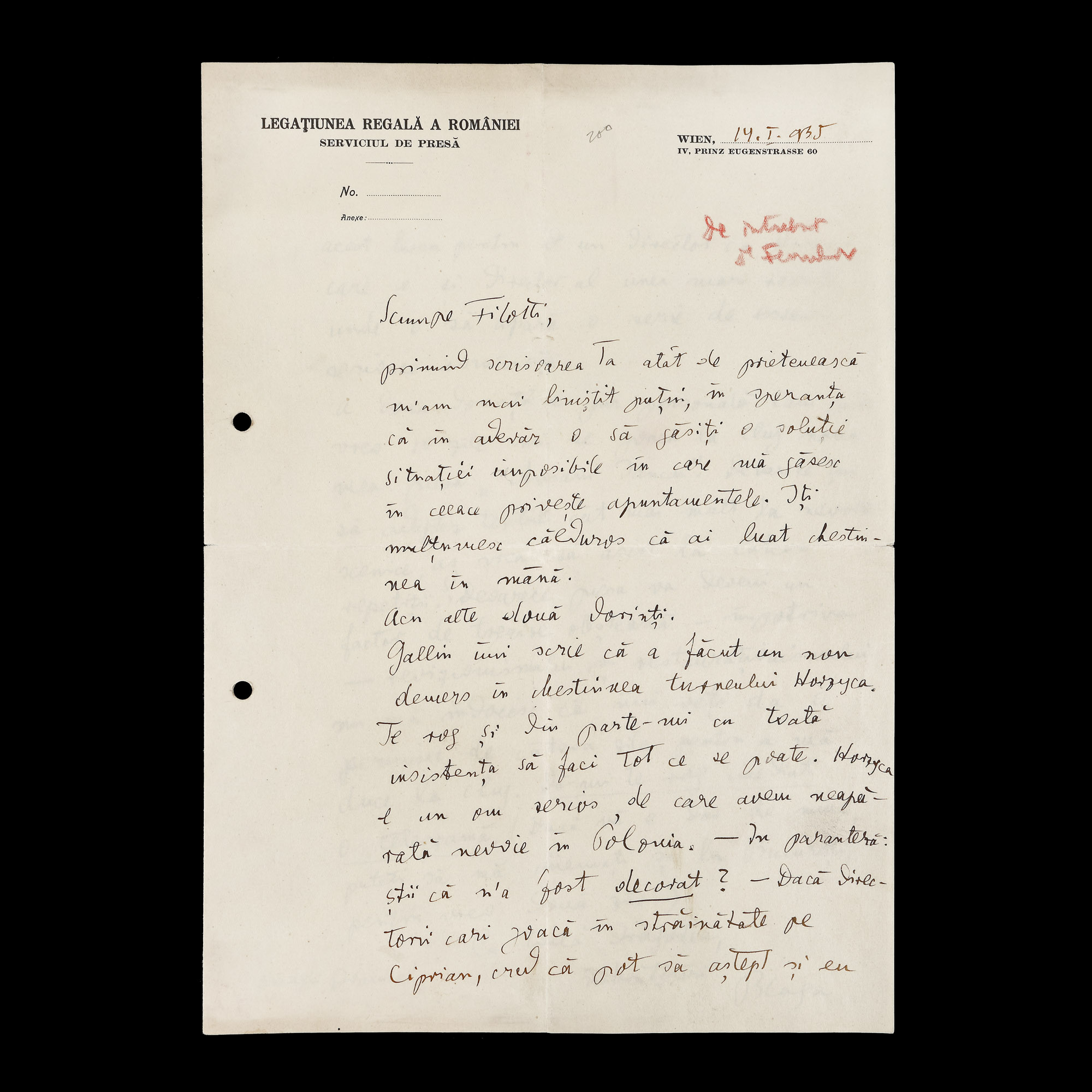 Scrisoare amicală trimisă de Lucian Blaga de la Legaţia Regală din Viena diplomatului Eugen Filotti, membru în comitetul PEN Clubului român, 1935 (1 filă)