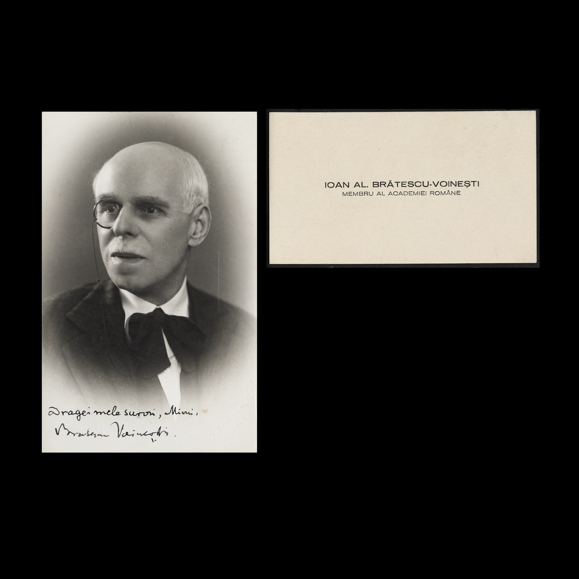 Business card of Ioan Al. Brătescu-Voinești and photograph depicting the prose writer, with dedication to his sister, Bucharest, approx. 1935