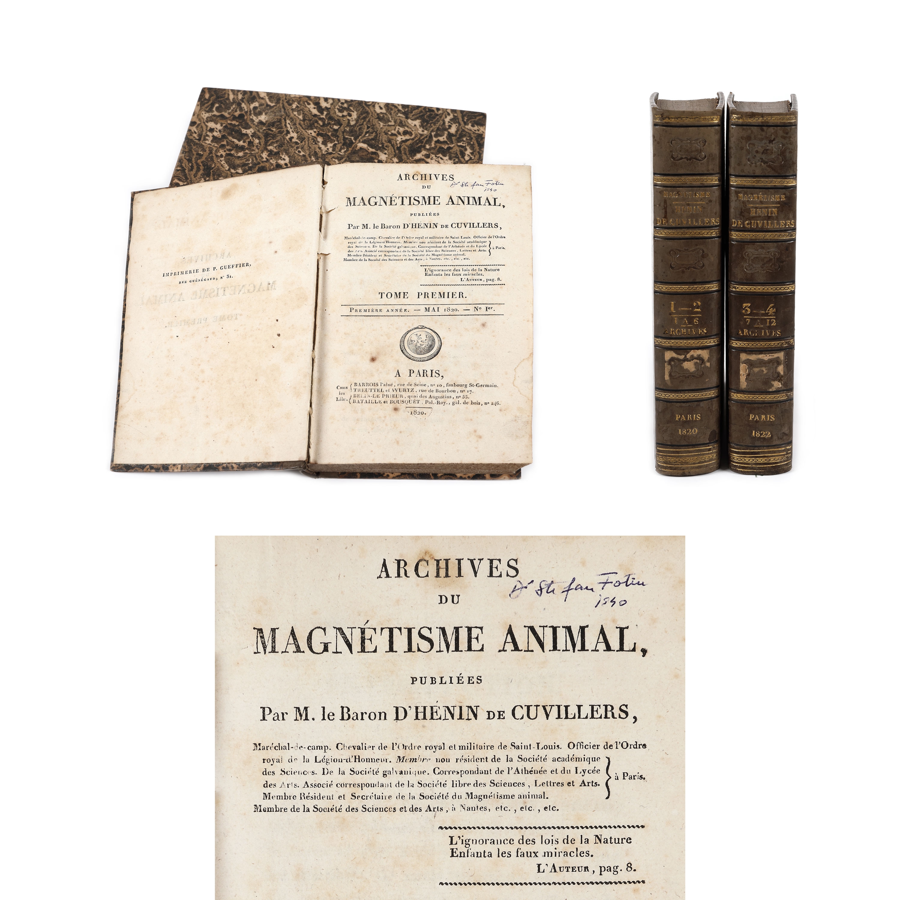 Bound in two volumes "Archives du magnétisme animal", by Baron d'Henin de Cuvillers, French, four volumes, Paris, 1820-1922