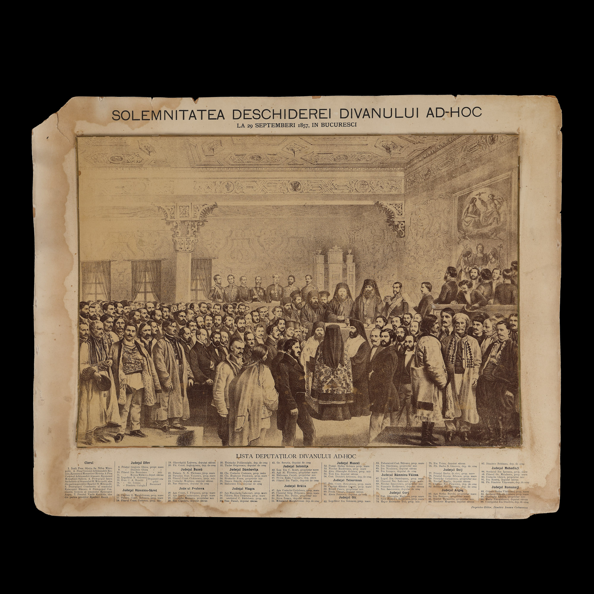 Lithograph, "Solemnitatea deschiderii Divanului Ad-Hoc la 29 septembrie 1857", after a lithograph by Carol Popp de Szathmári, made by Dimitrie Ionescu Cerbureanu, approx. 1857, rare collectible item
