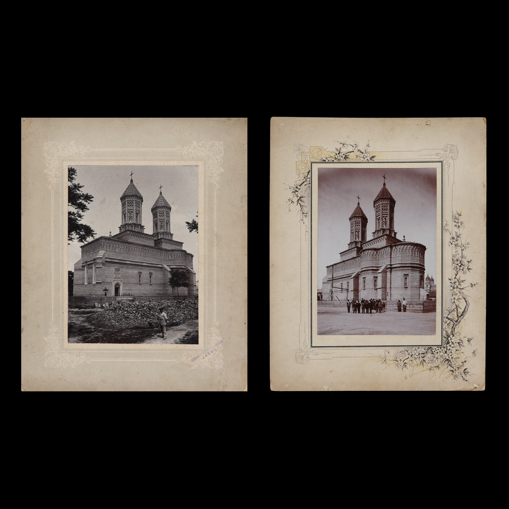 Lot format din două fotografii de epocă ilustrând biserica Sfinții Trei Ierarhi din Iași, atelier fotografic Weiss, Iași, cca. 1904, provine din colecția gravorului Gabriel Popescu