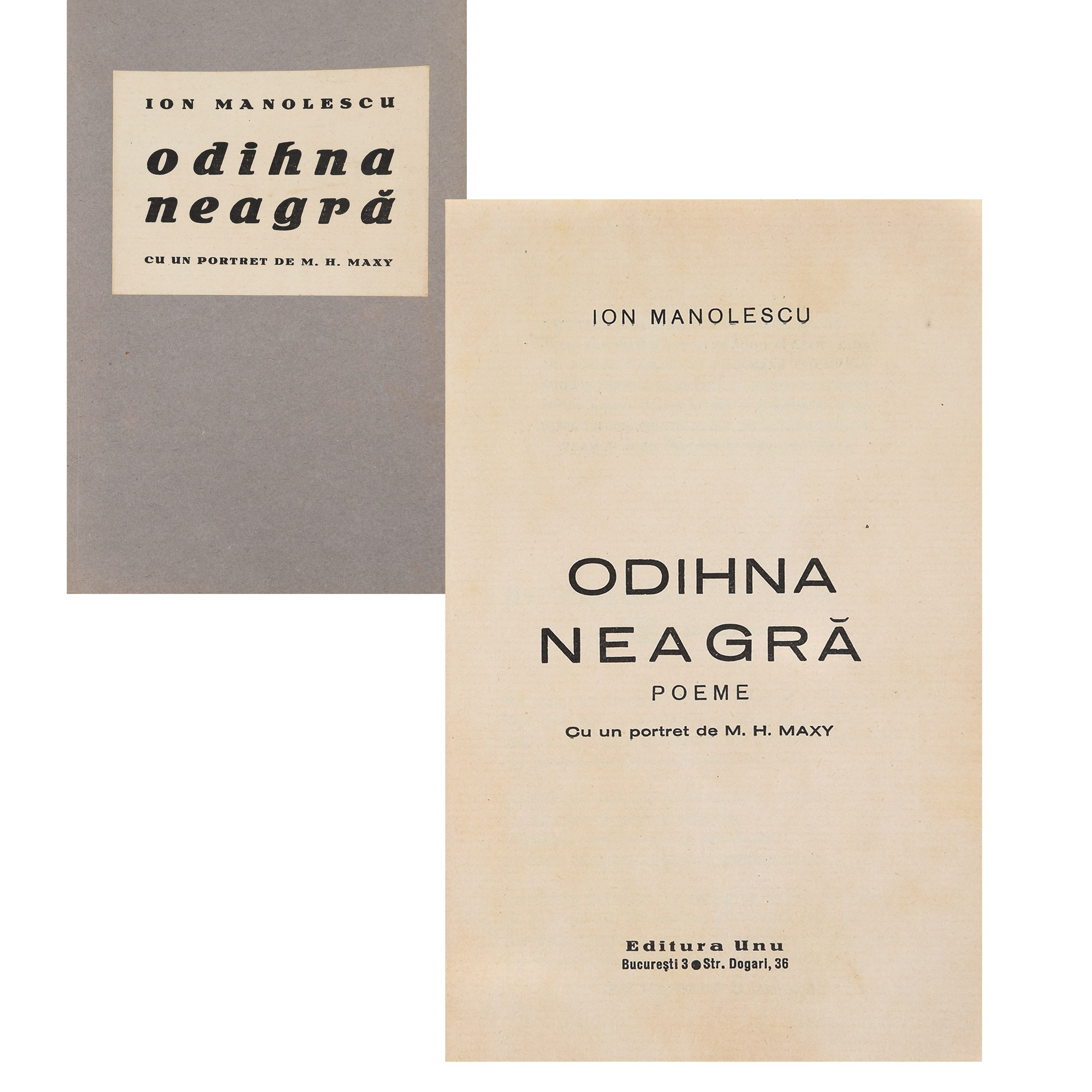 "Odihna neagră", by Ion Sofia Manolescu, Bucharest, 1936, with a portrait by M.H. Maxy, part of the collection of the avant-garde poet Sașa Pană