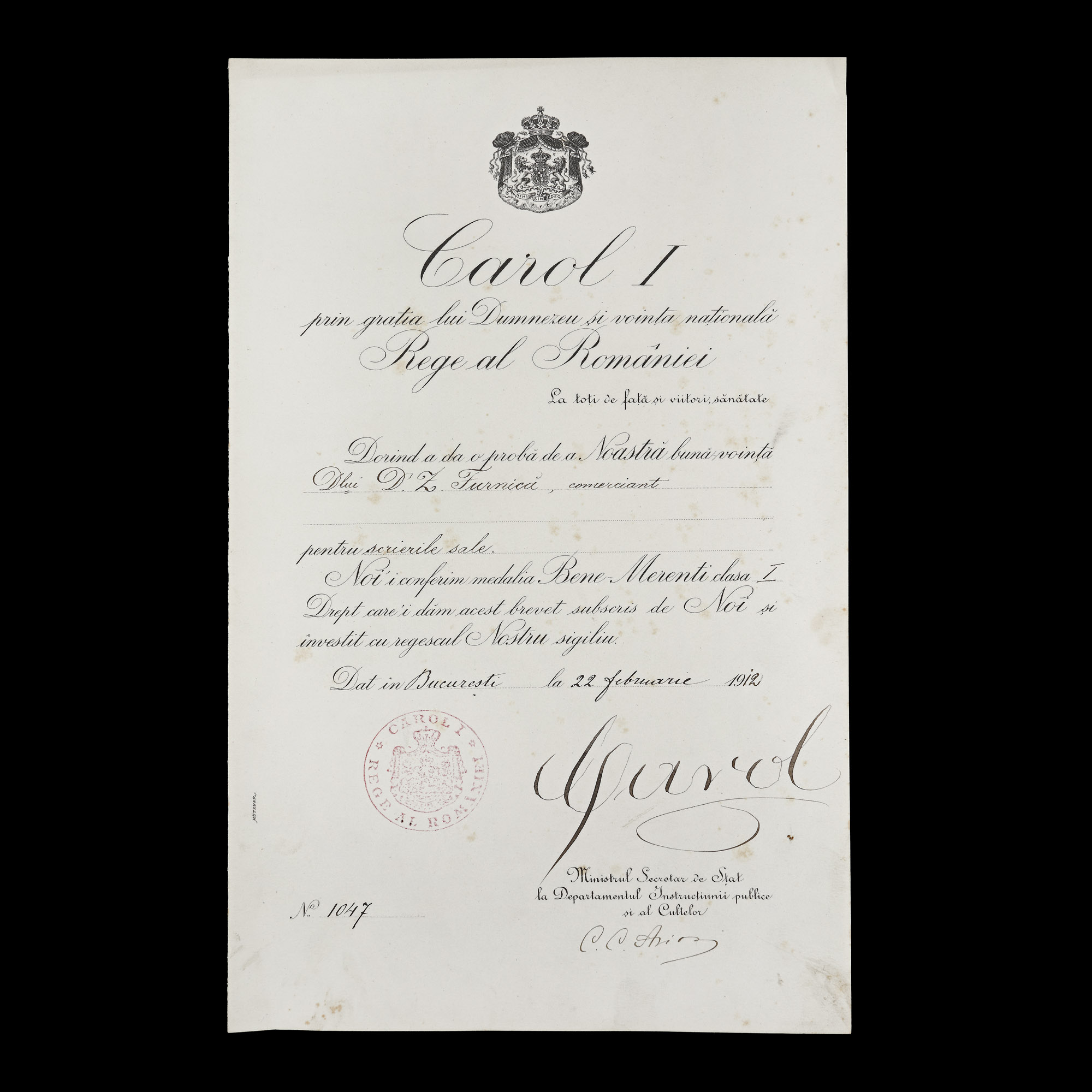 Patent conferring the medal "Bene-Merenti", class I, to the historian Dumitru Z. Furnică, Bucharest, February 22, 1912, with the autograph of King Carol I