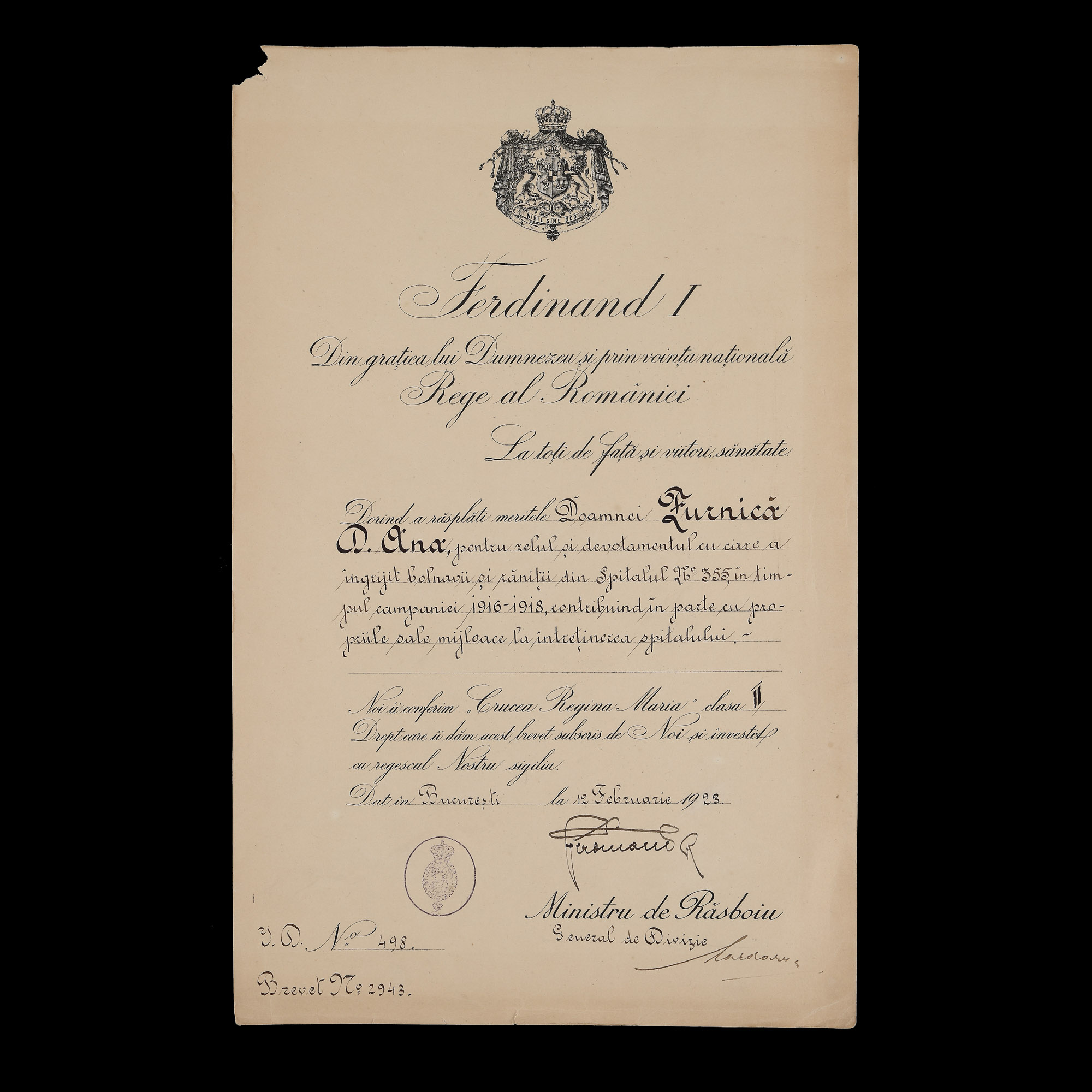 Patent conferring the Order "Queen Mary Cross", class II, to Ana D. Furnică, for acts of charity during the First War, Bucharest, February 12, 1923, with the autograph of King Ferdinand