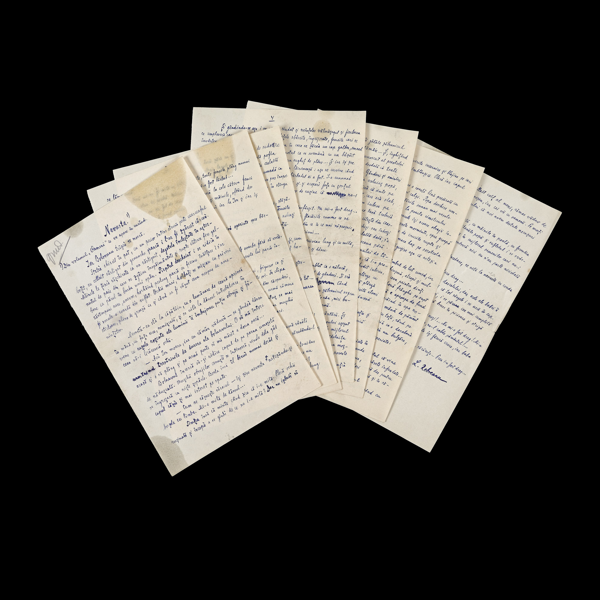 Manuscrisul ”Nevasta”, de Liviu Rebreanu, mai-iunie 1911, cu semnătura olografă a autorului, de colecție (7 file)