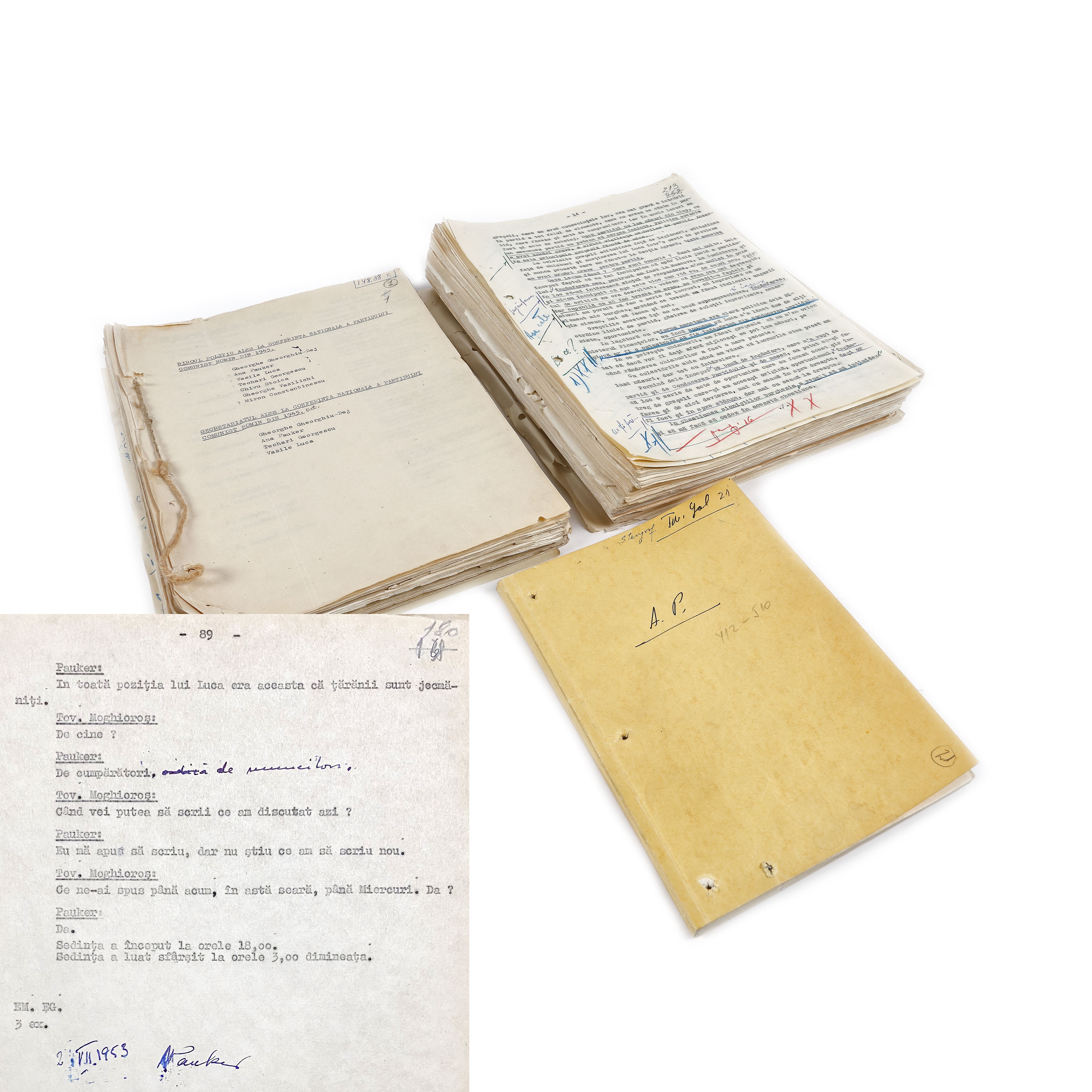 File containing material on the disciplinary prosecution by the Romanian Communist/Labour Party of the politically purged communist leader Ana Pauker, 1952-1954, with shorthand, holograph or typed statements, pro and con of the political prosecution, some signed in holograph, including by Ana Pauker, including her self-critical statement, unique piece of great historical significance (827 sheets)