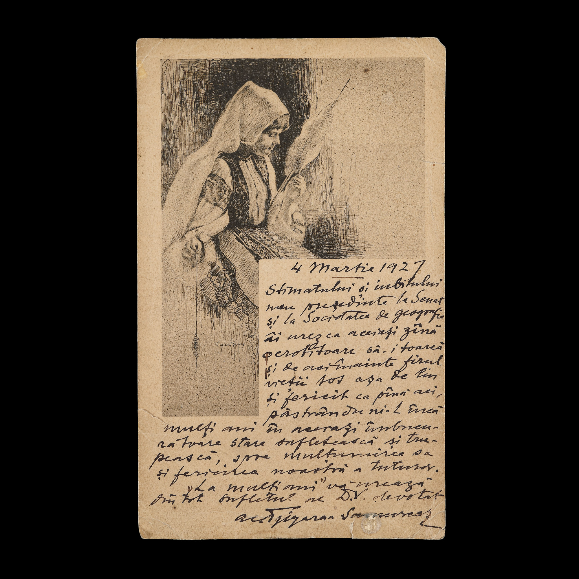 Greetings card sent by Alexandru Tzigara-Samurcaș to the President of the Senate, General Constantin Coandă, March 4, 1927, with the art historian's autograph