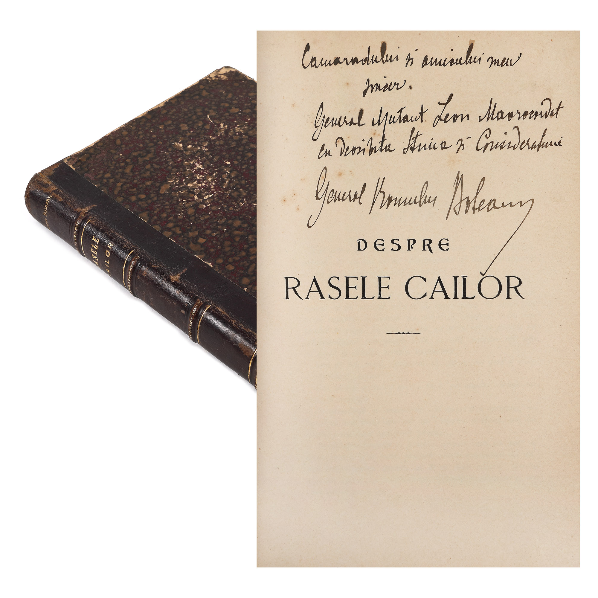 ”Despre rasele cailor”, de colonelul Romulus Boteanu, București, 1906, cu dedicația și semnătura olografă a autorului către generalul Leon Mavrocordat