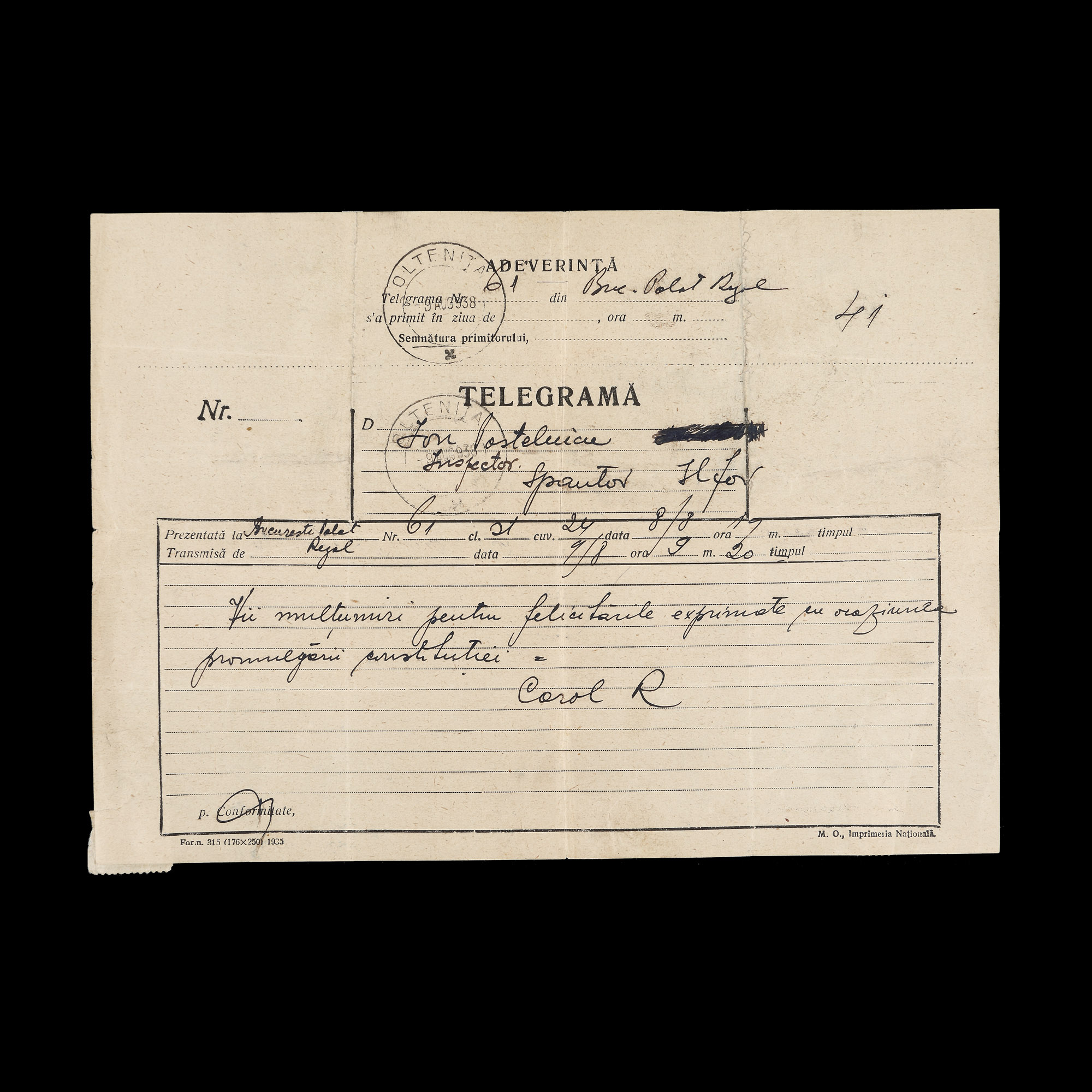 Telegram of thanks sent by King Charles II to Captain Ion Postelnicu (son-in-law of the French ambassador Jean Blondel), August 9, 1938, with autograph 