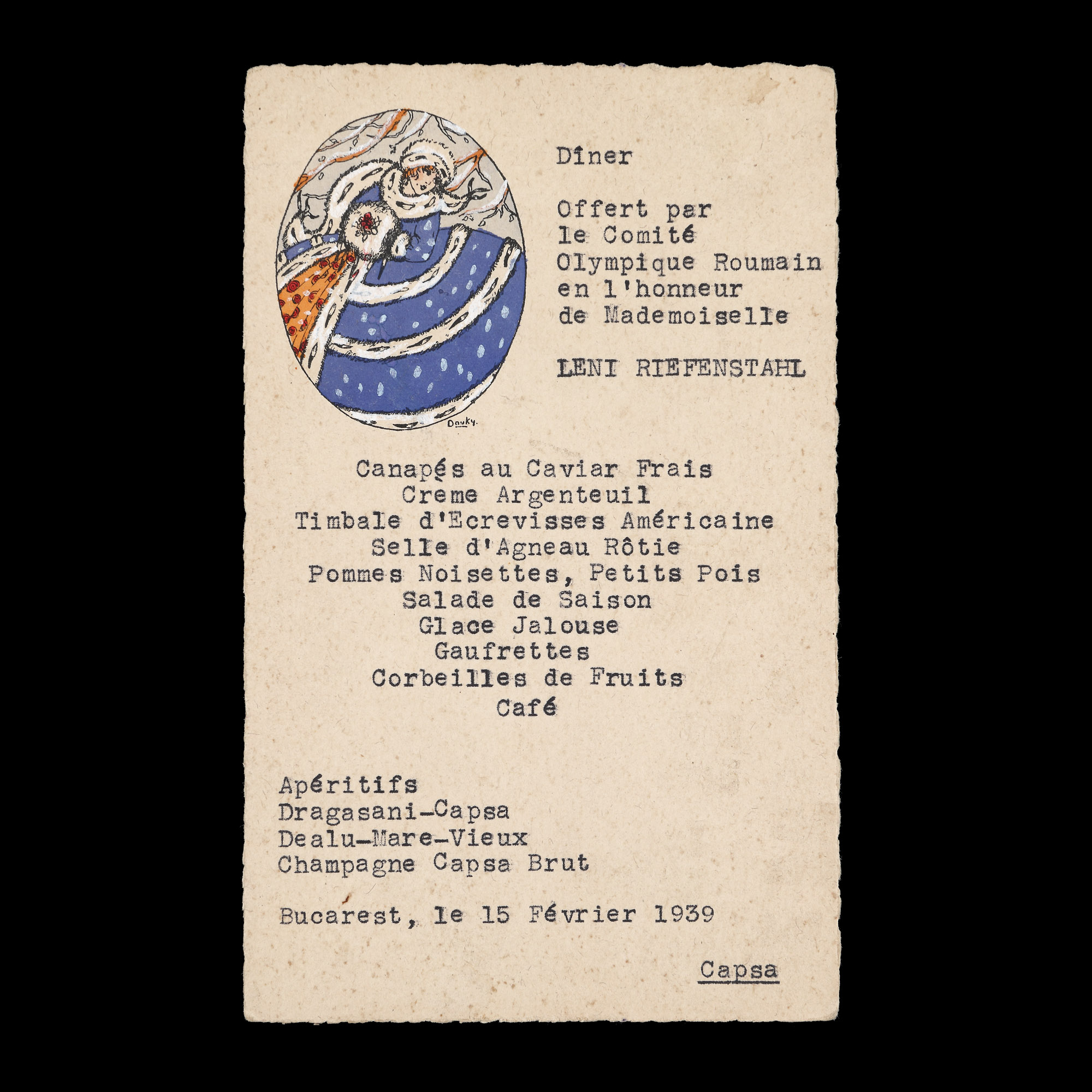 Dinner menu offered by the Romanian Olympic Committee in honour of director Leni Riefenstahl at Capșa Restaurant, Bucharest, February 15, 1939