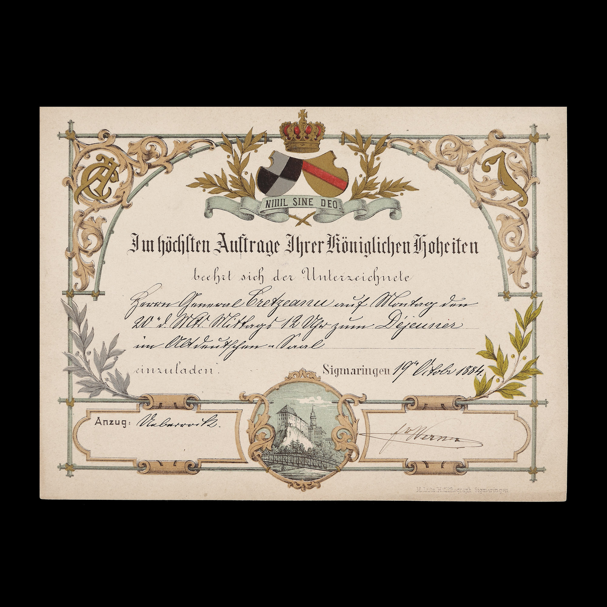 Invitația dineului dat în cinstea generalului George Cretzianu, Sigmaringen, 1884
