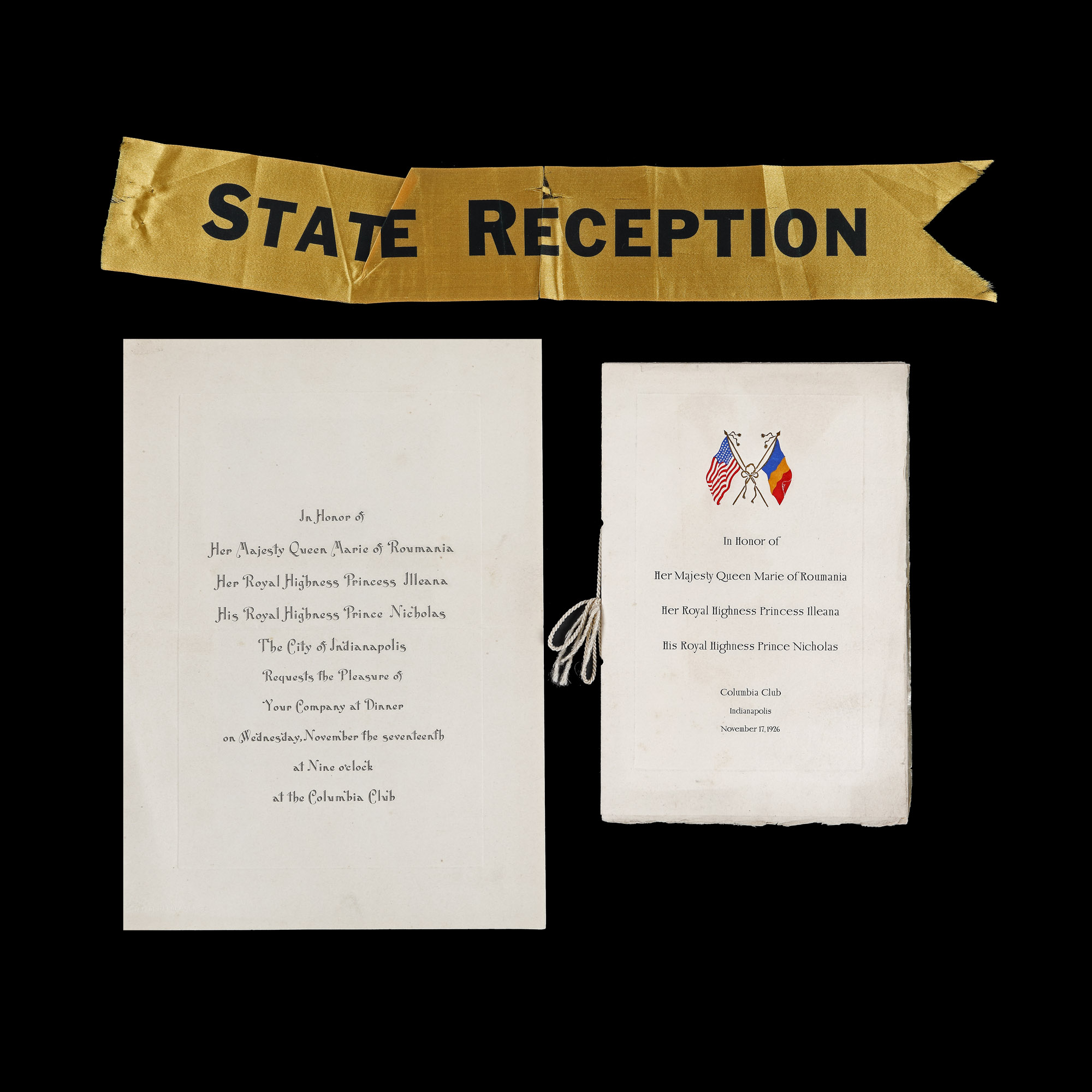 Invitation, menu and ribbon for the opening dinner given by the City of Indianapolis in honour of Queen Mary, Prince Nicholas and Princess Ileana, November 17, 1926, absolute rarity 